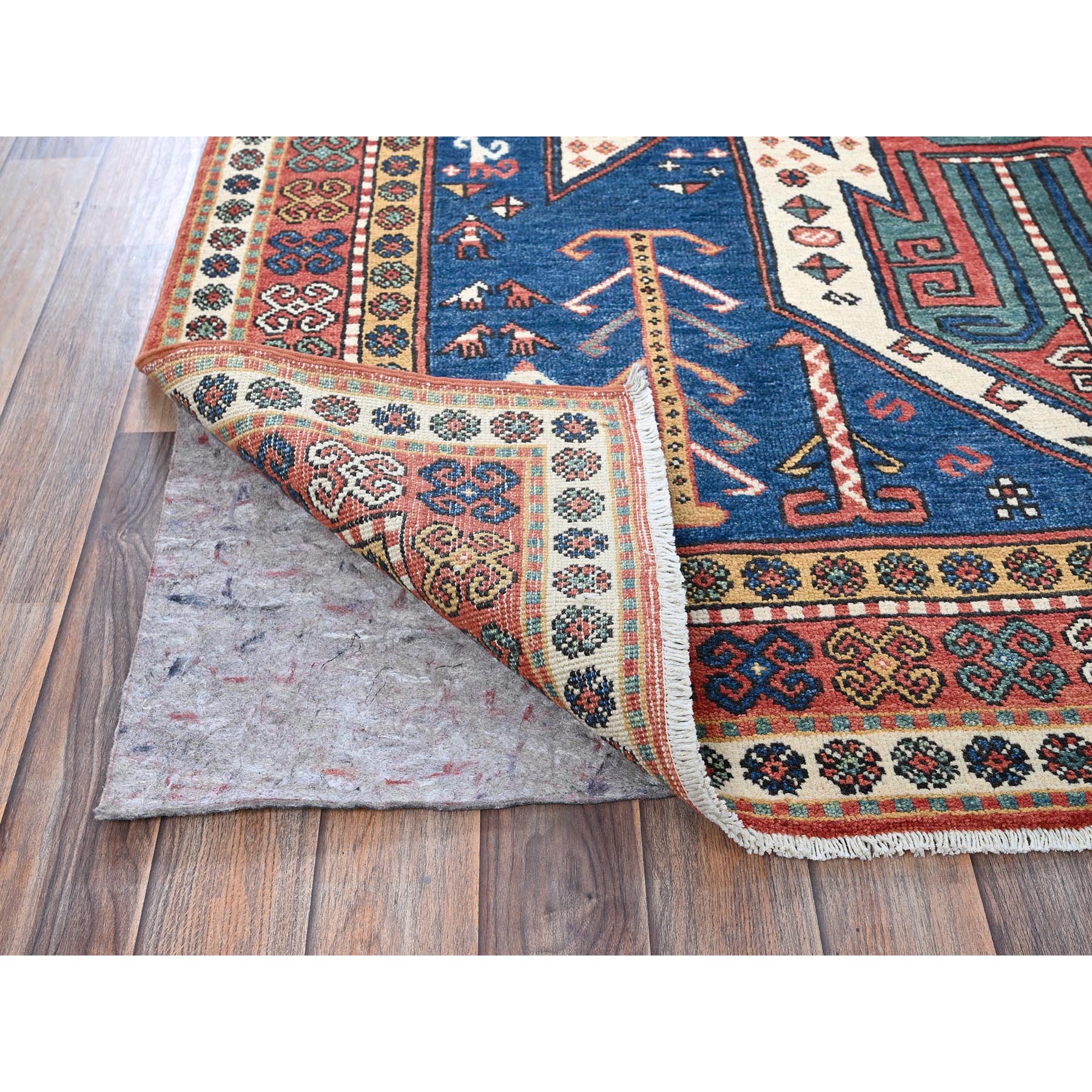 5'2"x7' Imperial Blue, Swan Kazak with Small Animal Figurines, Hand Knotted, Soft and Velvety Wool, Denser Weave, Vegetable Dyes, Oriental Rug Sh537