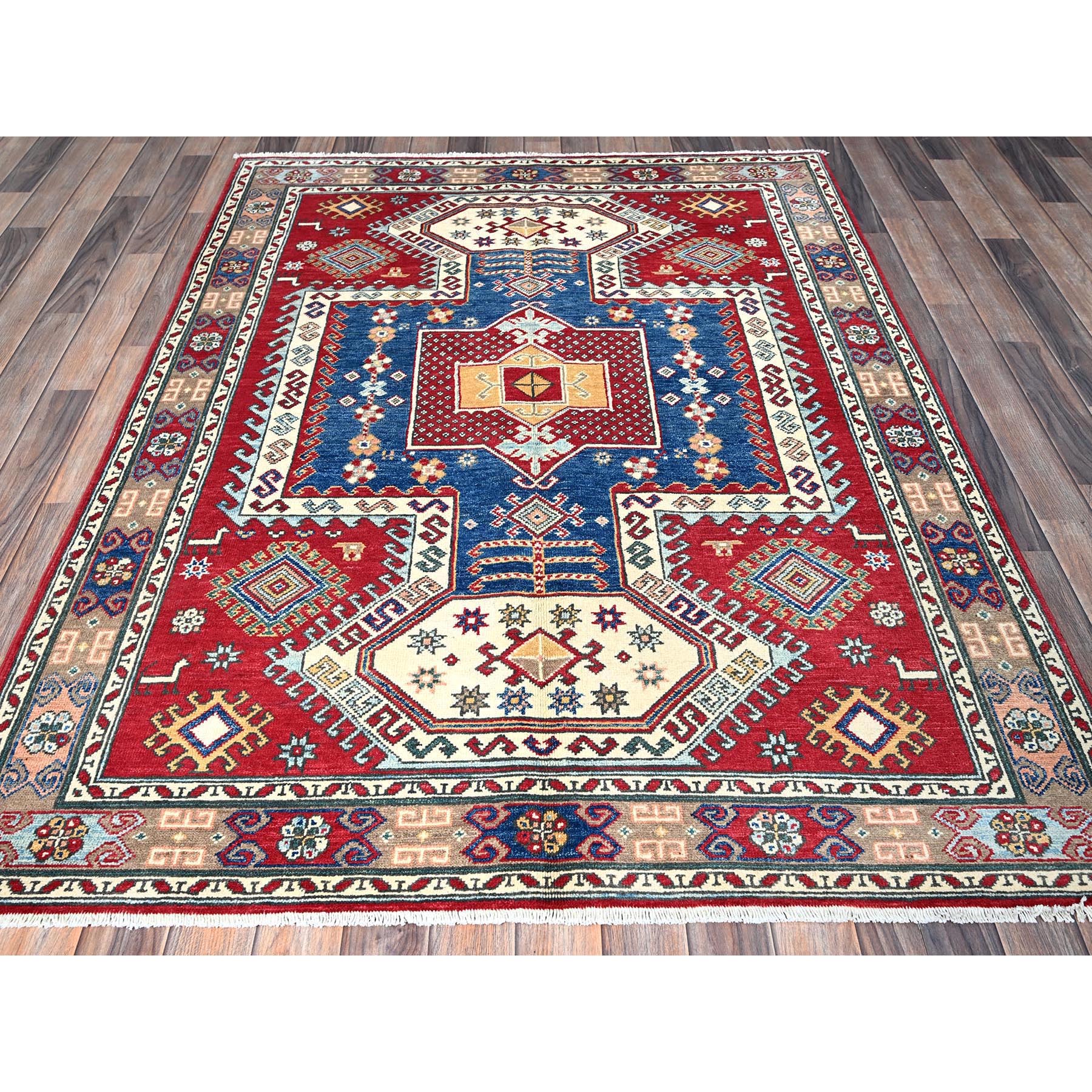 4'10"x6'5" Crimson Red, Antique Karachop Kazak Design, Hand Knotted, Soft and Velvety Wool, Denser Weave, Vegetable Dyes, Oriental Rug Sh538