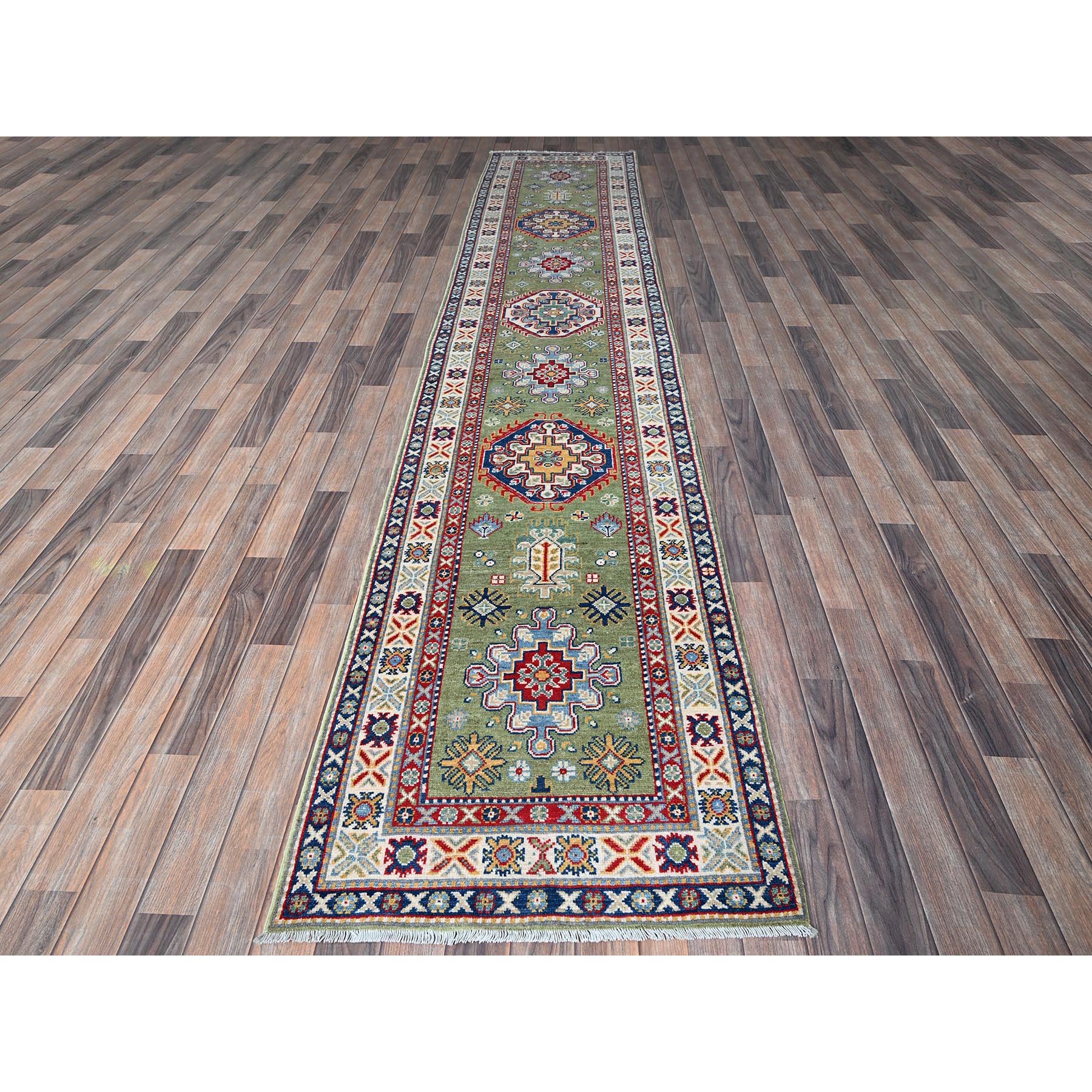 2'9"x12'9" Cedar Green, Kazak with Tribal Medallions Design, Hand Knotted, Soft and Velvety Wool, Denser Weave, Vegetable Dyes, Runner, Oriental Rug Sh541