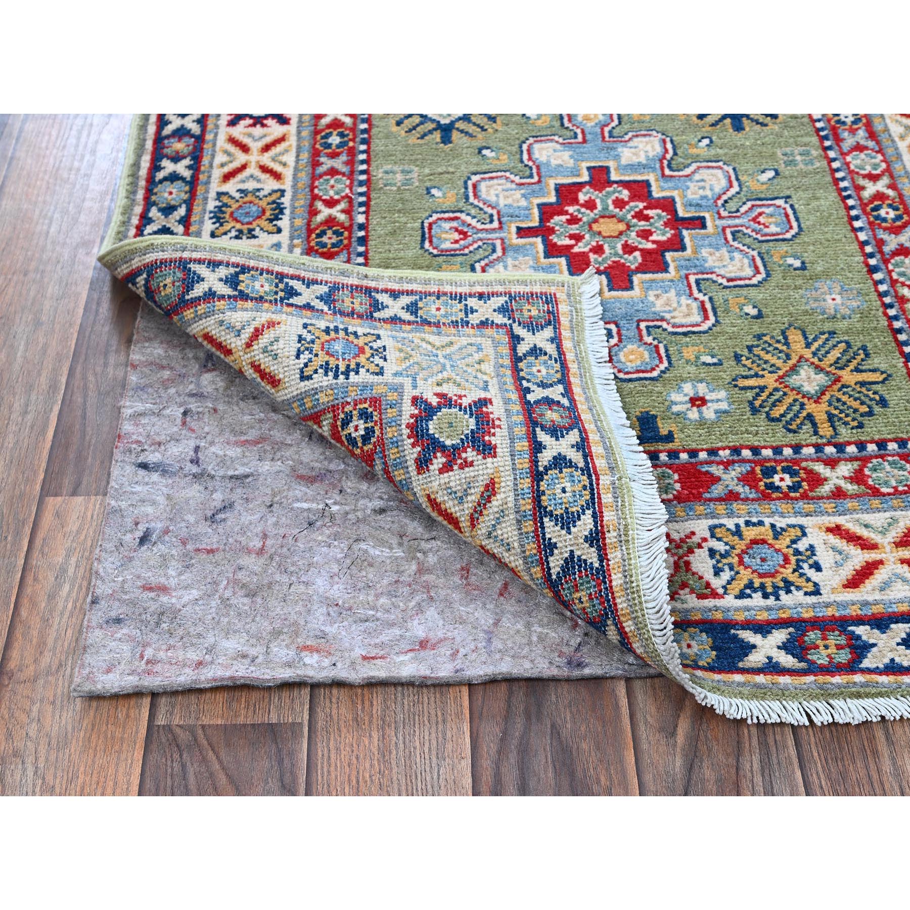 2'9"x12'9" Cedar Green, Kazak with Tribal Medallions Design, Hand Knotted, Soft and Velvety Wool, Denser Weave, Vegetable Dyes, Runner, Oriental Rug Sh541