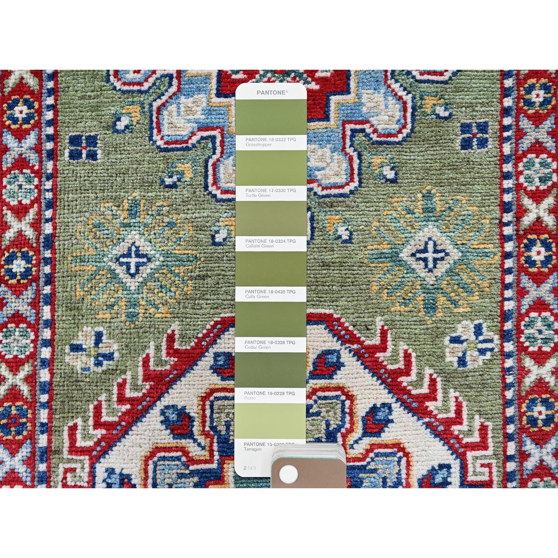 2'9"x12'9" Cedar Green, Kazak with Tribal Medallions Design, Hand Knotted, Soft and Velvety Wool, Denser Weave, Vegetable Dyes, Runner, Oriental Rug Sh541