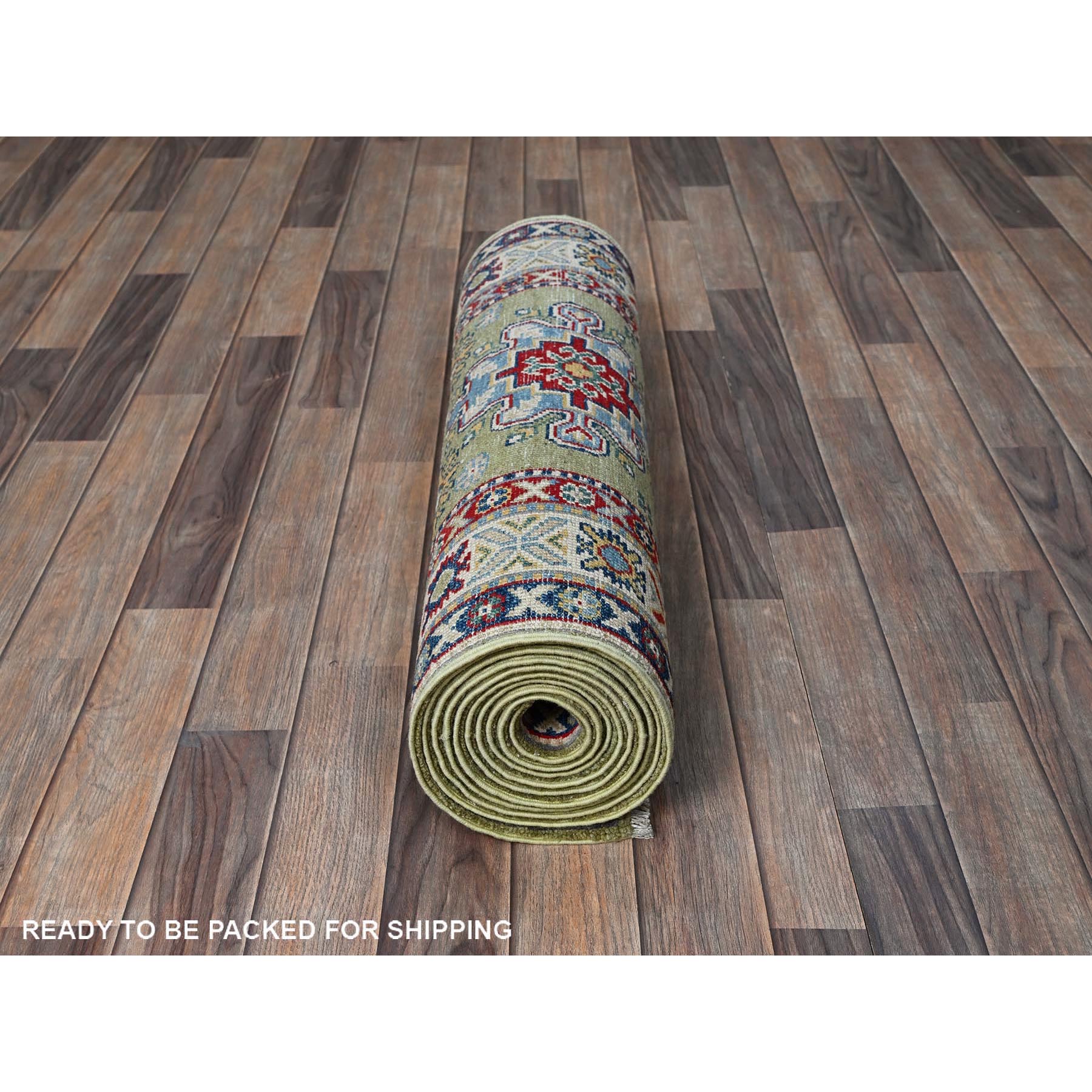 2'9"x12'9" Cedar Green, Kazak with Tribal Medallions Design, Hand Knotted, Soft and Velvety Wool, Denser Weave, Vegetable Dyes, Runner, Oriental Rug Sh541