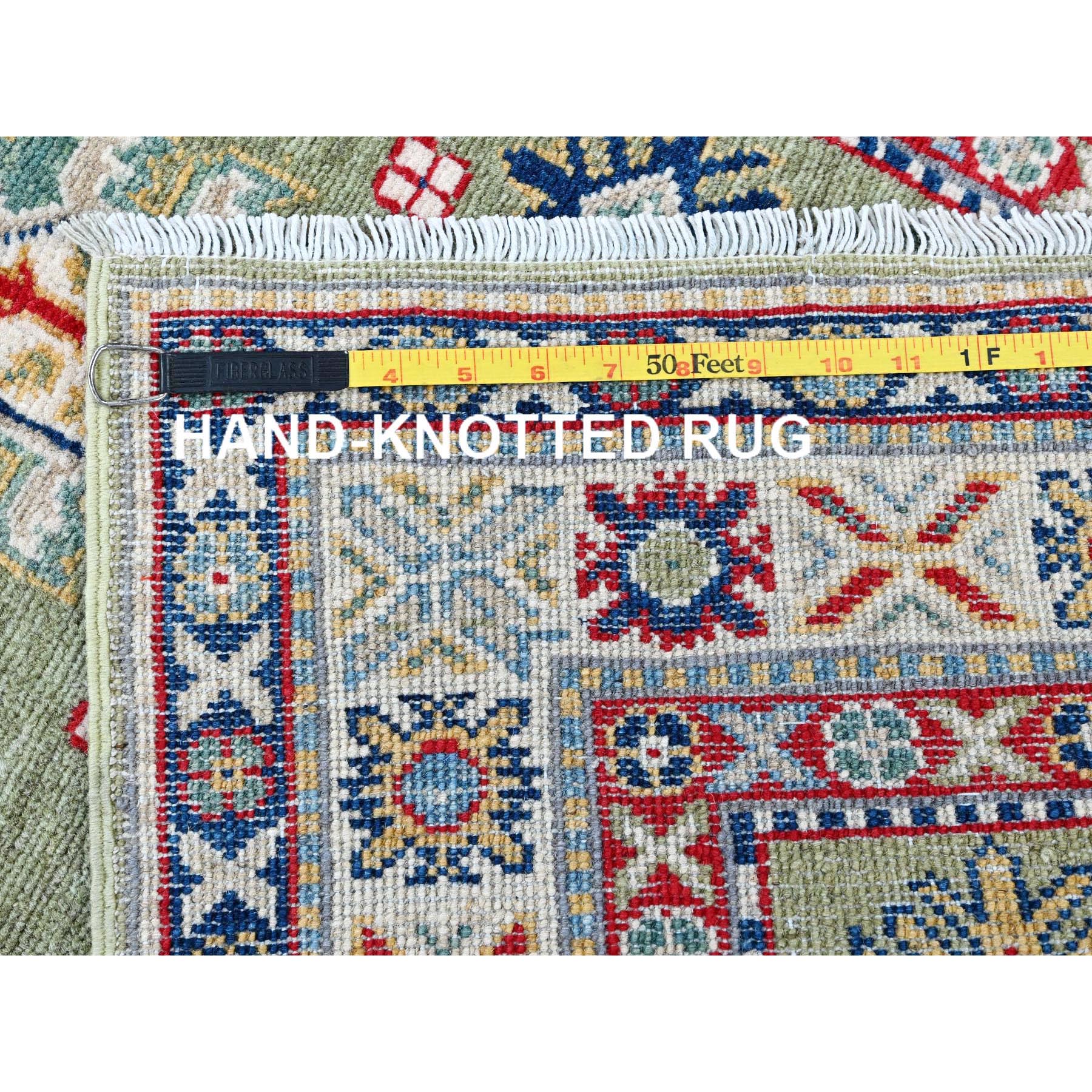 2'9"x12'9" Cedar Green, Kazak with Tribal Medallions Design, Hand Knotted, Soft and Velvety Wool, Denser Weave, Vegetable Dyes, Runner, Oriental Rug Sh541