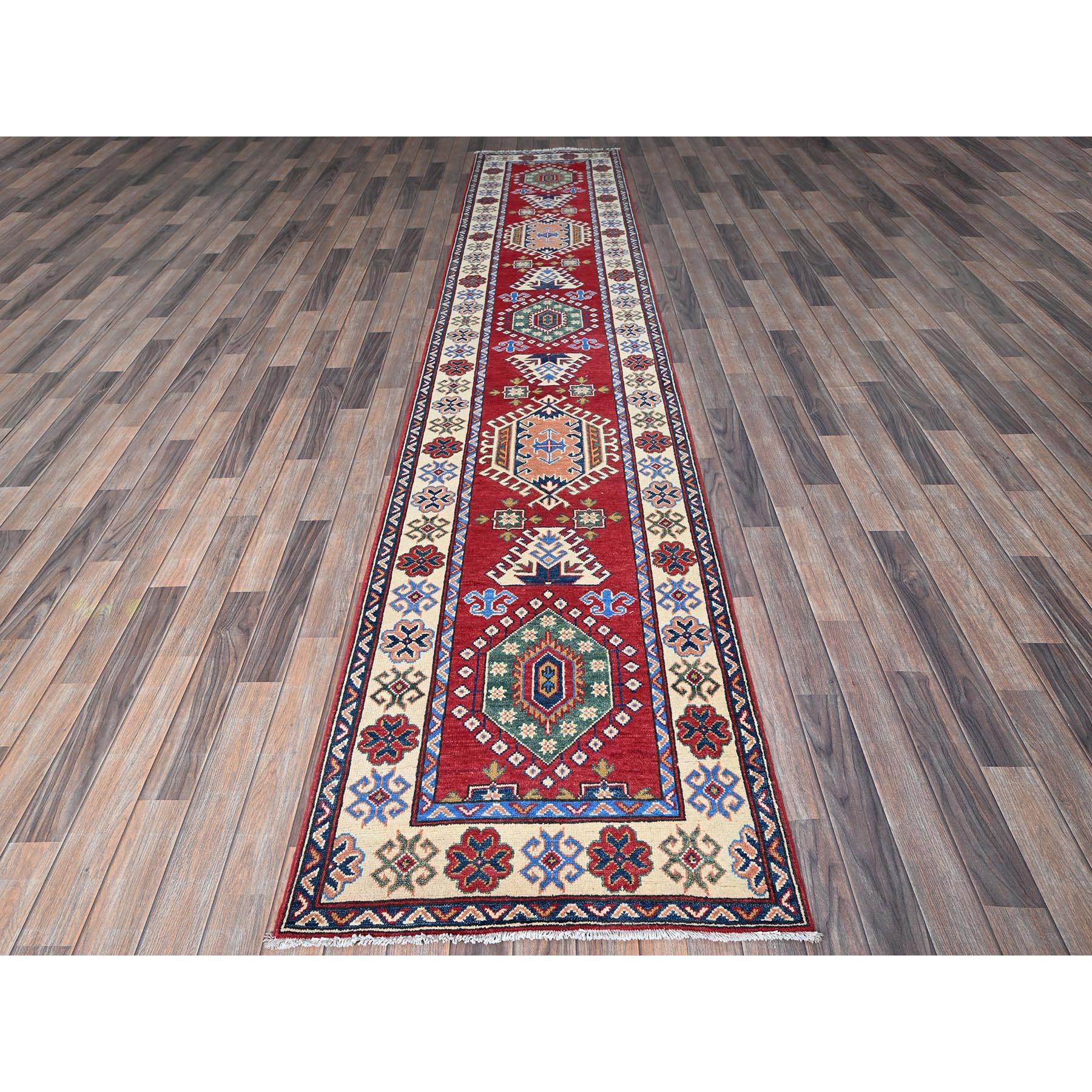 2'9"x13'1" Scarlet Red, Kazak with Tribal Medallions Design, Hand Knotted, Soft and Velvety Wool, Denser Weave, Vegetable Dyes, Runner, Oriental Rug Sh542