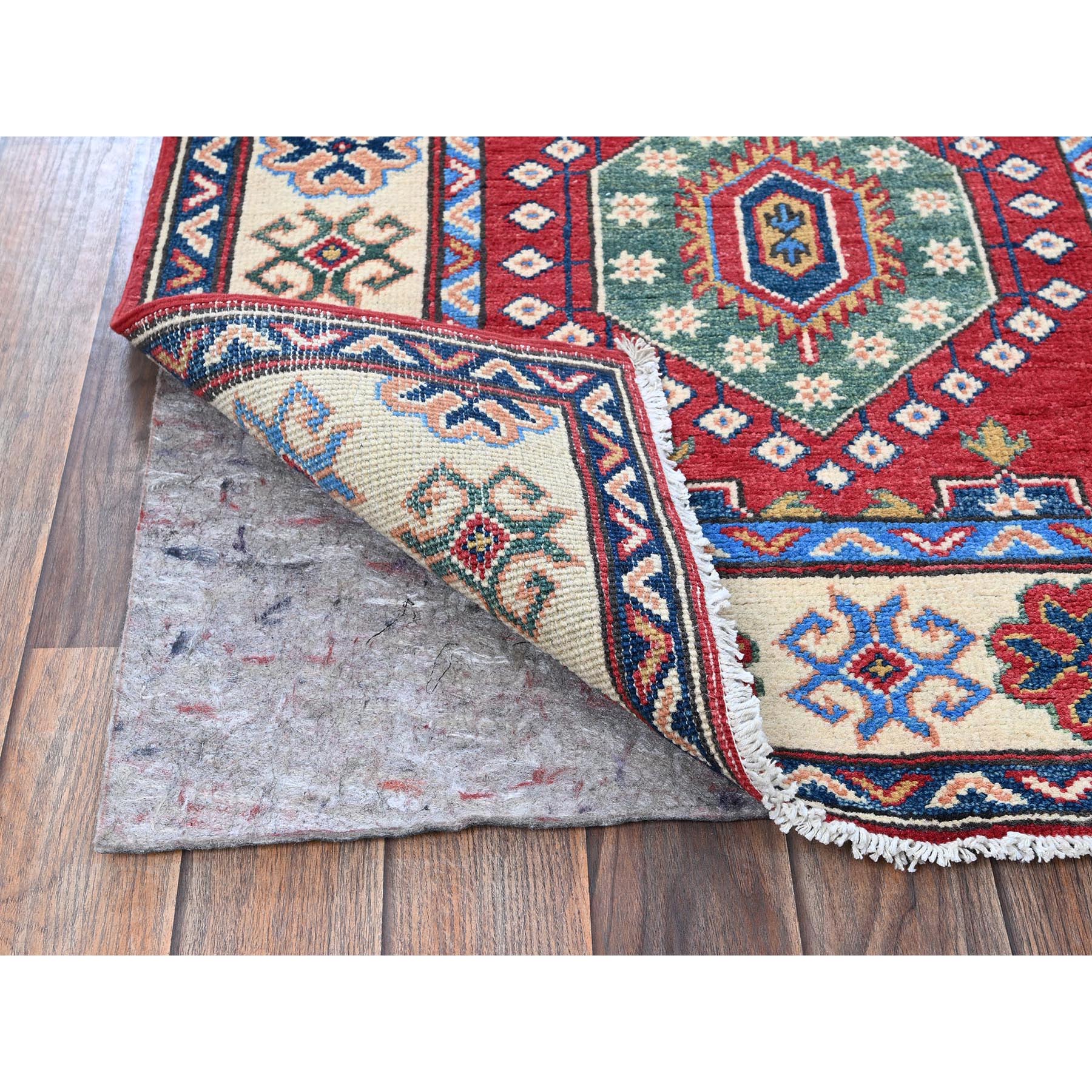 2'9"x13'1" Scarlet Red, Kazak with Tribal Medallions Design, Hand Knotted, Soft and Velvety Wool, Denser Weave, Vegetable Dyes, Runner, Oriental Rug Sh542