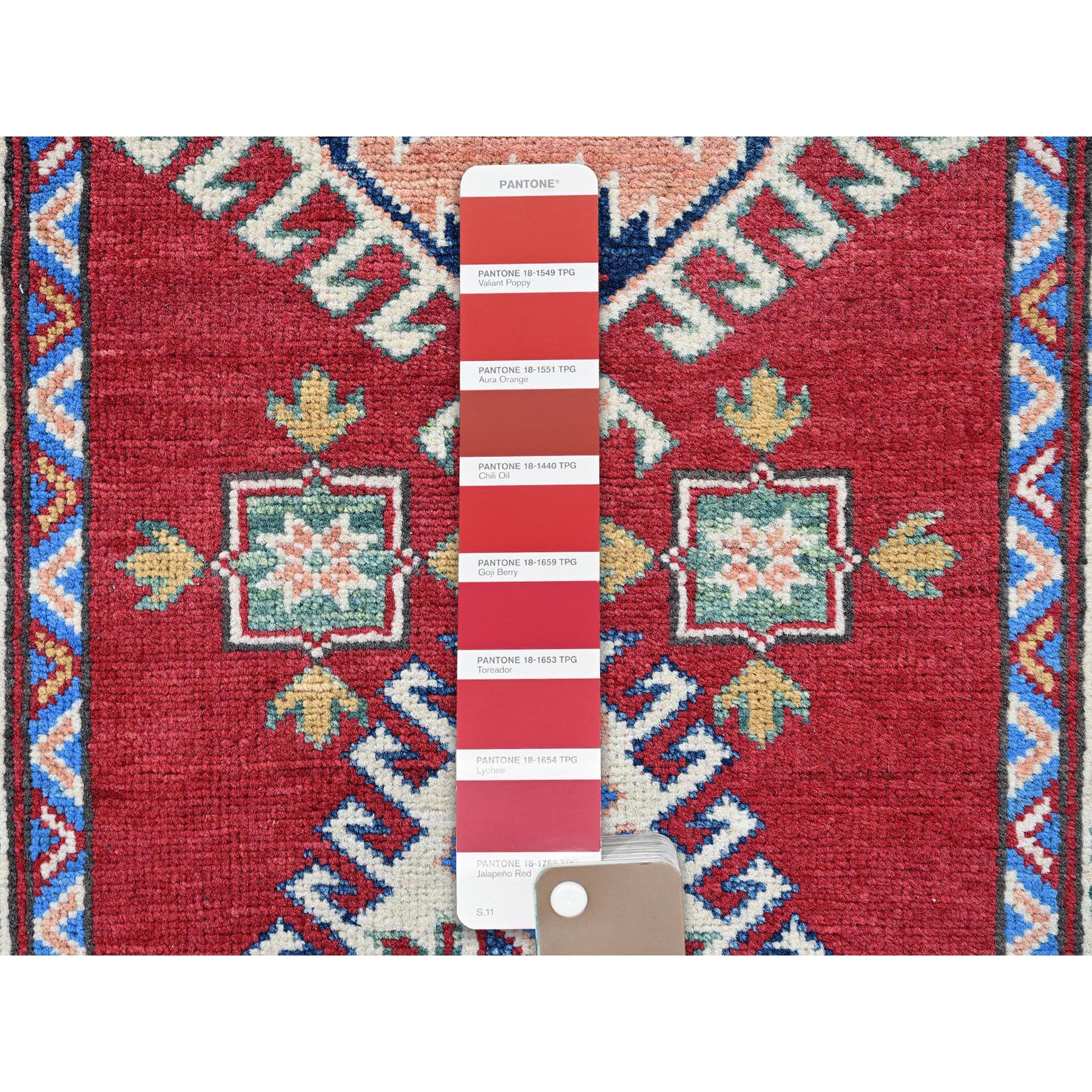 2'9"x13'1" Scarlet Red, Kazak with Tribal Medallions Design, Hand Knotted, Soft and Velvety Wool, Denser Weave, Vegetable Dyes, Runner, Oriental Rug Sh542