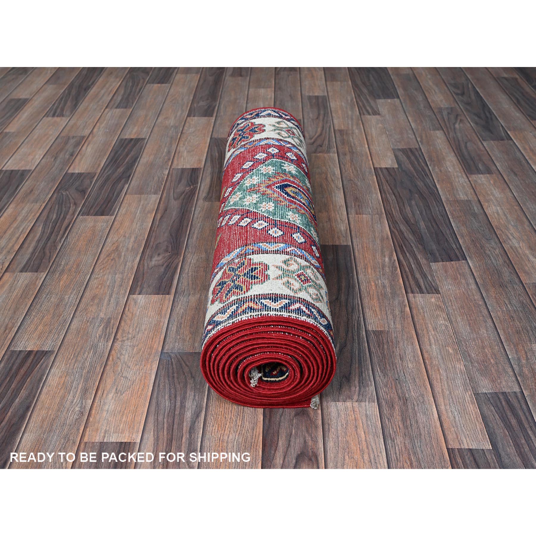 2'9"x13'1" Scarlet Red, Kazak with Tribal Medallions Design, Hand Knotted, Soft and Velvety Wool, Denser Weave, Vegetable Dyes, Runner, Oriental Rug Sh542