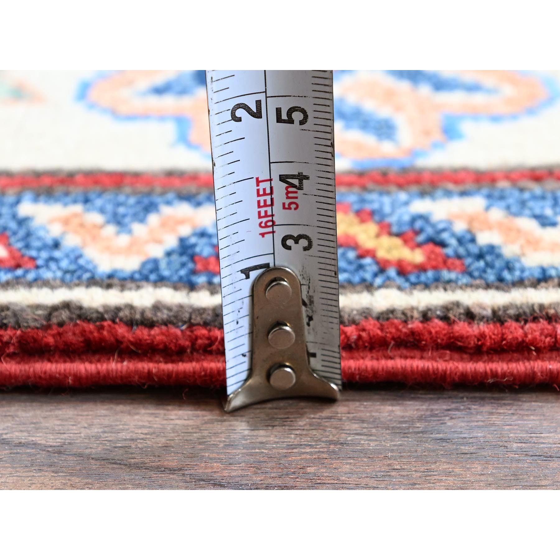 2'9"x13'1" Scarlet Red, Kazak with Tribal Medallions Design, Hand Knotted, Soft and Velvety Wool, Denser Weave, Vegetable Dyes, Runner, Oriental Rug Sh542