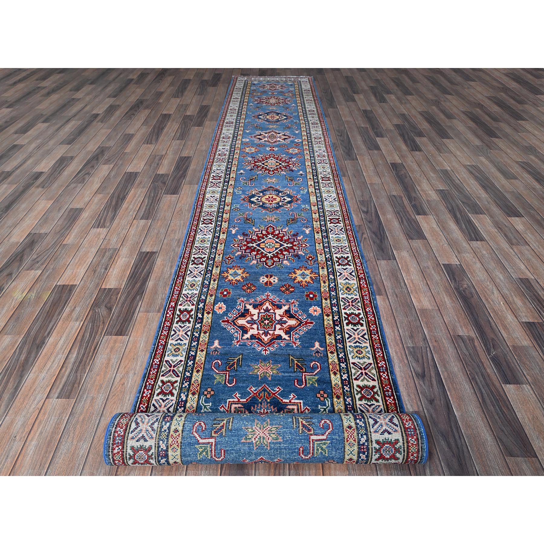 2'10"x16' Imperial Blue, Kazak with Geometric Medallions Design, Soft and Shiny Wool, Hand Knotted, Denser Weave, Vegetable Dyes, XL Runner, Oriental Rug Sh544