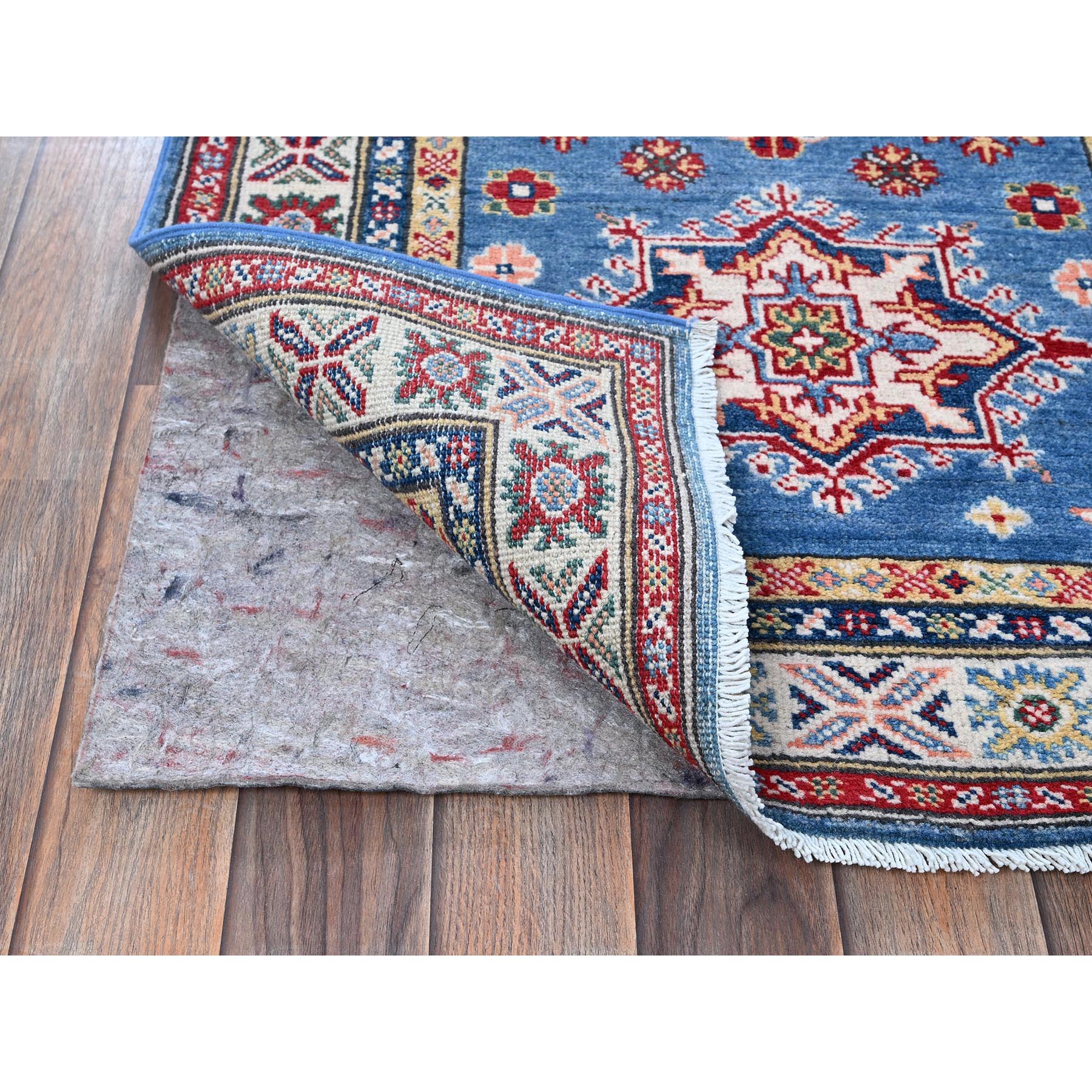 2'10"x16' Imperial Blue, Kazak with Geometric Medallions Design, Soft and Shiny Wool, Hand Knotted, Denser Weave, Vegetable Dyes, XL Runner, Oriental Rug Sh544