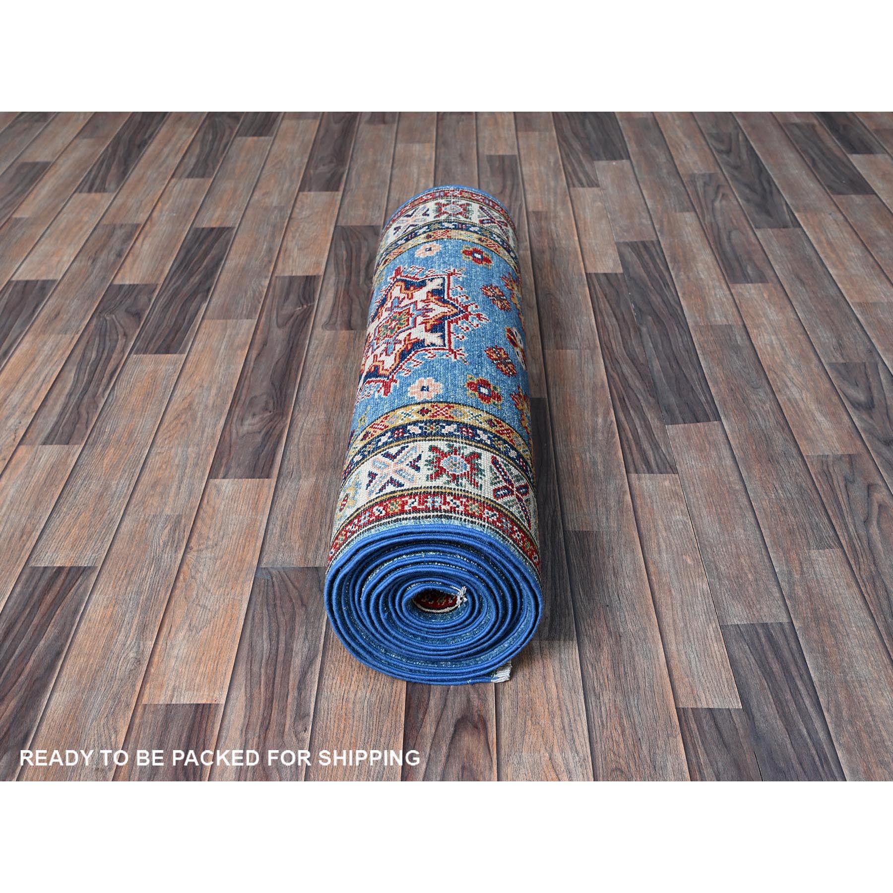 2'10"x16' Imperial Blue, Kazak with Geometric Medallions Design, Soft and Shiny Wool, Hand Knotted, Denser Weave, Vegetable Dyes, XL Runner, Oriental Rug Sh544