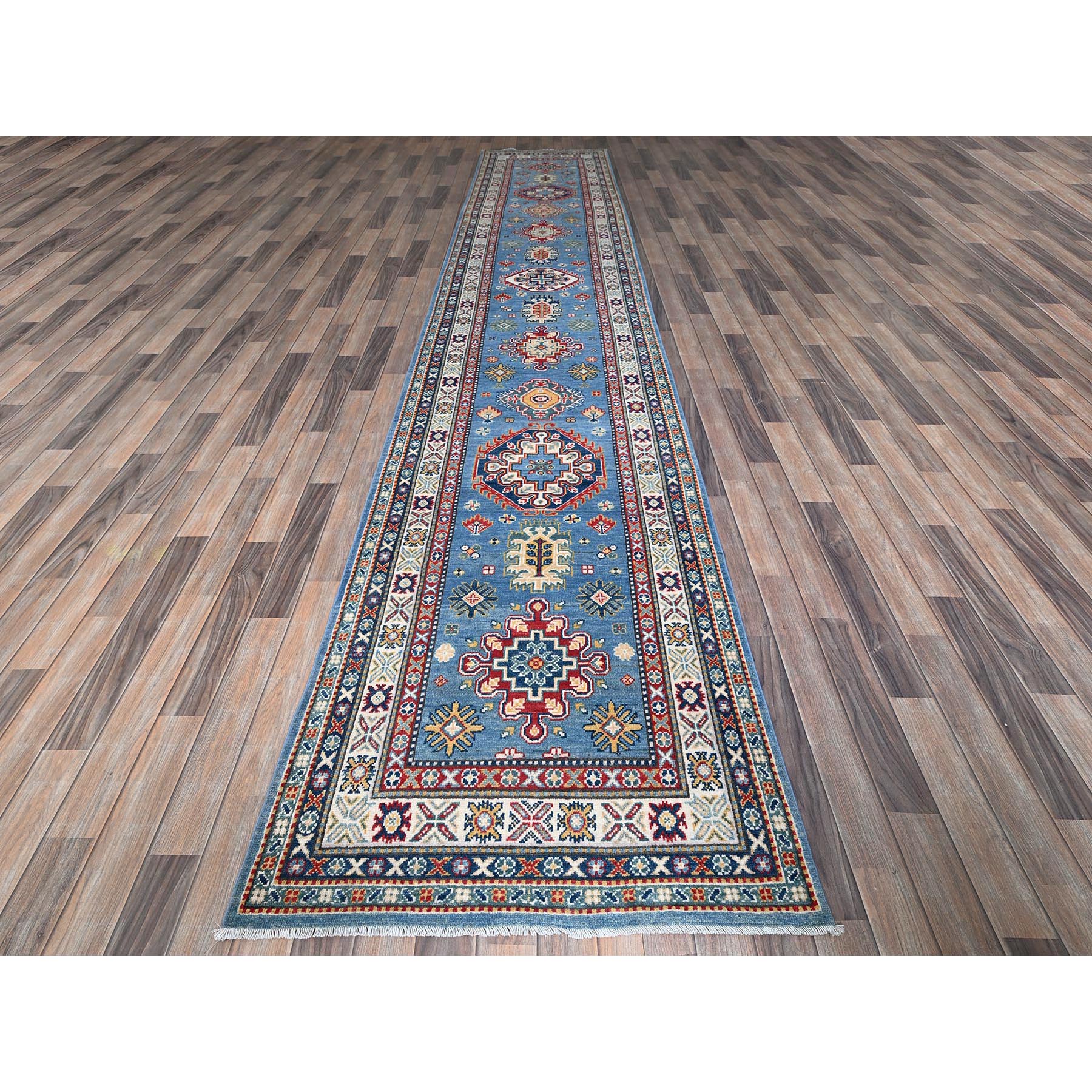 3'2"x16'1" Carolina Blue, Kazak with Tribal Medallions Design, Hand Knotted, Soft and Velvety Wool, Denser Weave, Vegetable Dyes, XL Runner, Oriental Rug Sh545