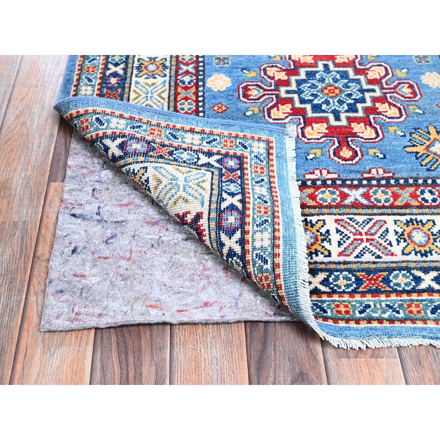 3'2"x16'1" Carolina Blue, Kazak with Tribal Medallions Design, Hand Knotted, Soft and Velvety Wool, Denser Weave, Vegetable Dyes, XL Runner, Oriental Rug Sh545