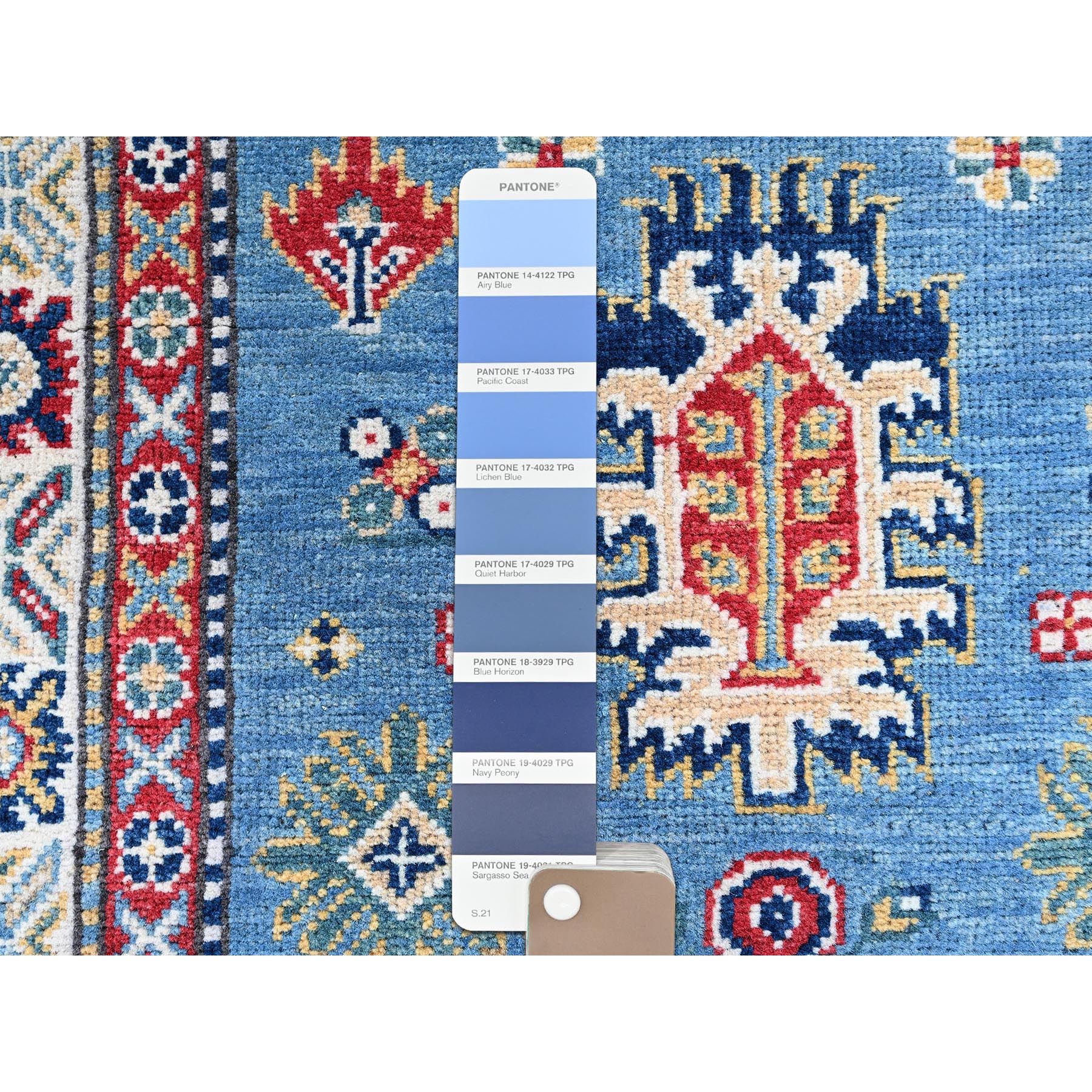 3'2"x16'1" Carolina Blue, Kazak with Tribal Medallions Design, Hand Knotted, Soft and Velvety Wool, Denser Weave, Vegetable Dyes, XL Runner, Oriental Rug Sh545