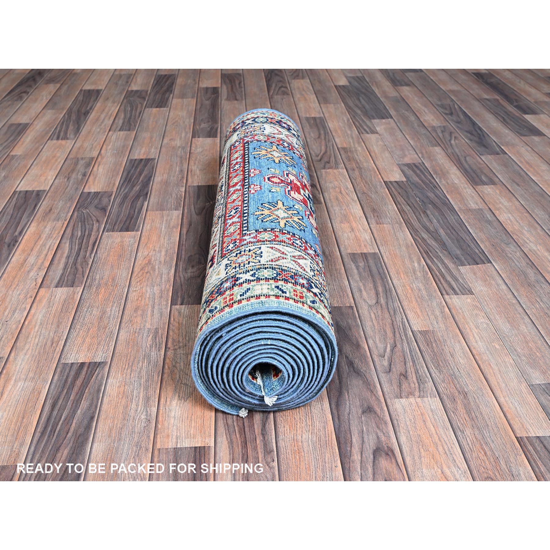 3'2"x16'1" Carolina Blue, Kazak with Tribal Medallions Design, Hand Knotted, Soft and Velvety Wool, Denser Weave, Vegetable Dyes, XL Runner, Oriental Rug Sh545