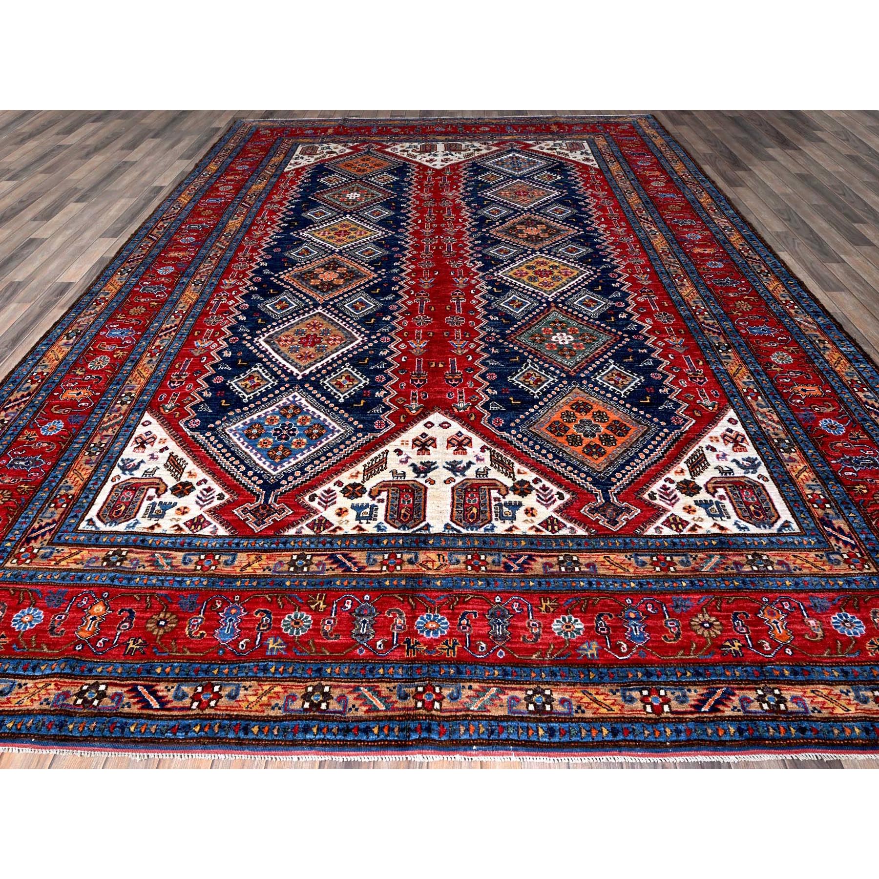 9'1"x12'3" Crimson Red, Afghan Ersari with Turkish Knot, Caucasian Design Revival, Vegetable Dyes, Hand Knotted, Pure Wool, Oriental Rug Sh546
