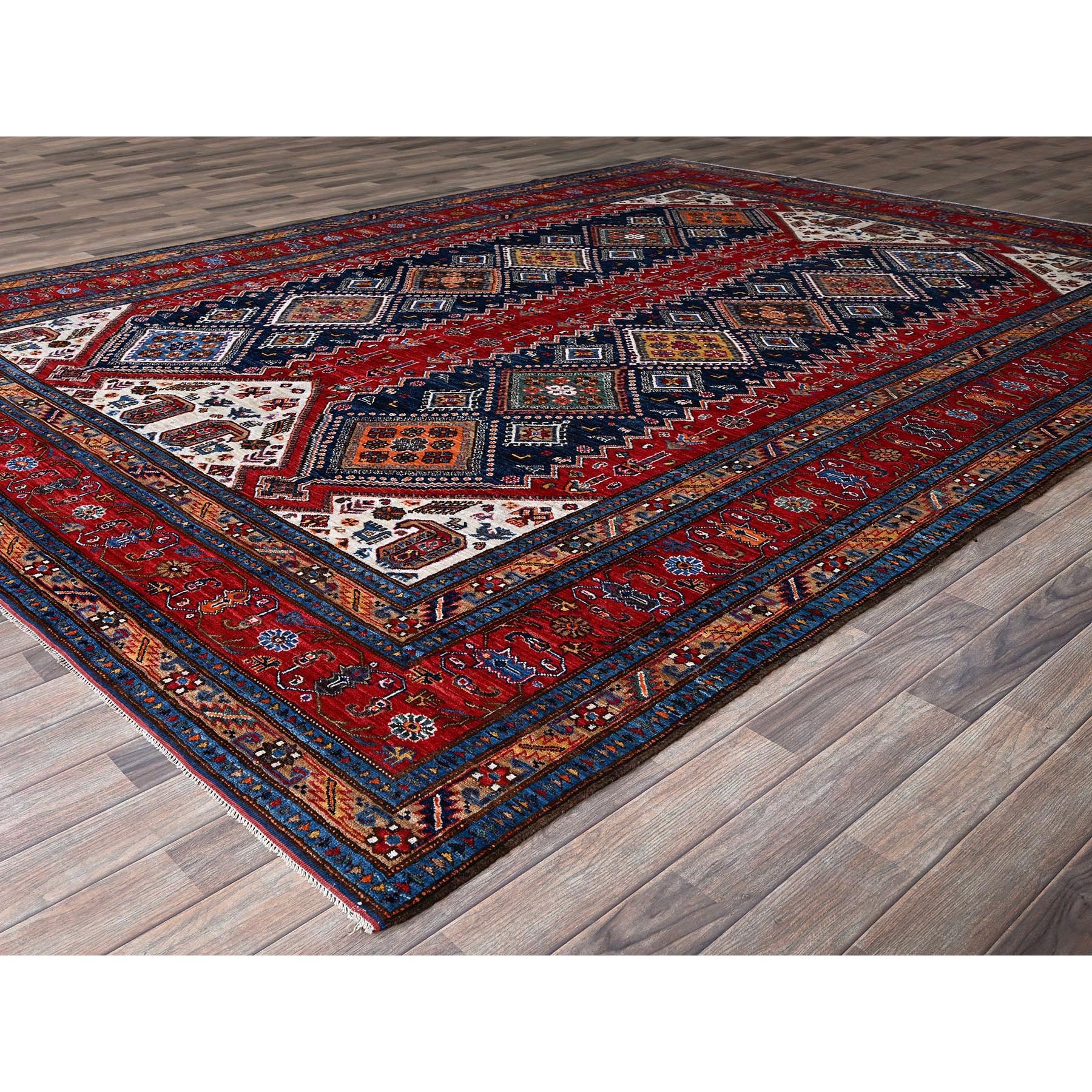 9'1"x12'3" Crimson Red, Afghan Ersari with Turkish Knot, Caucasian Design Revival, Vegetable Dyes, Hand Knotted, Pure Wool, Oriental Rug Sh546