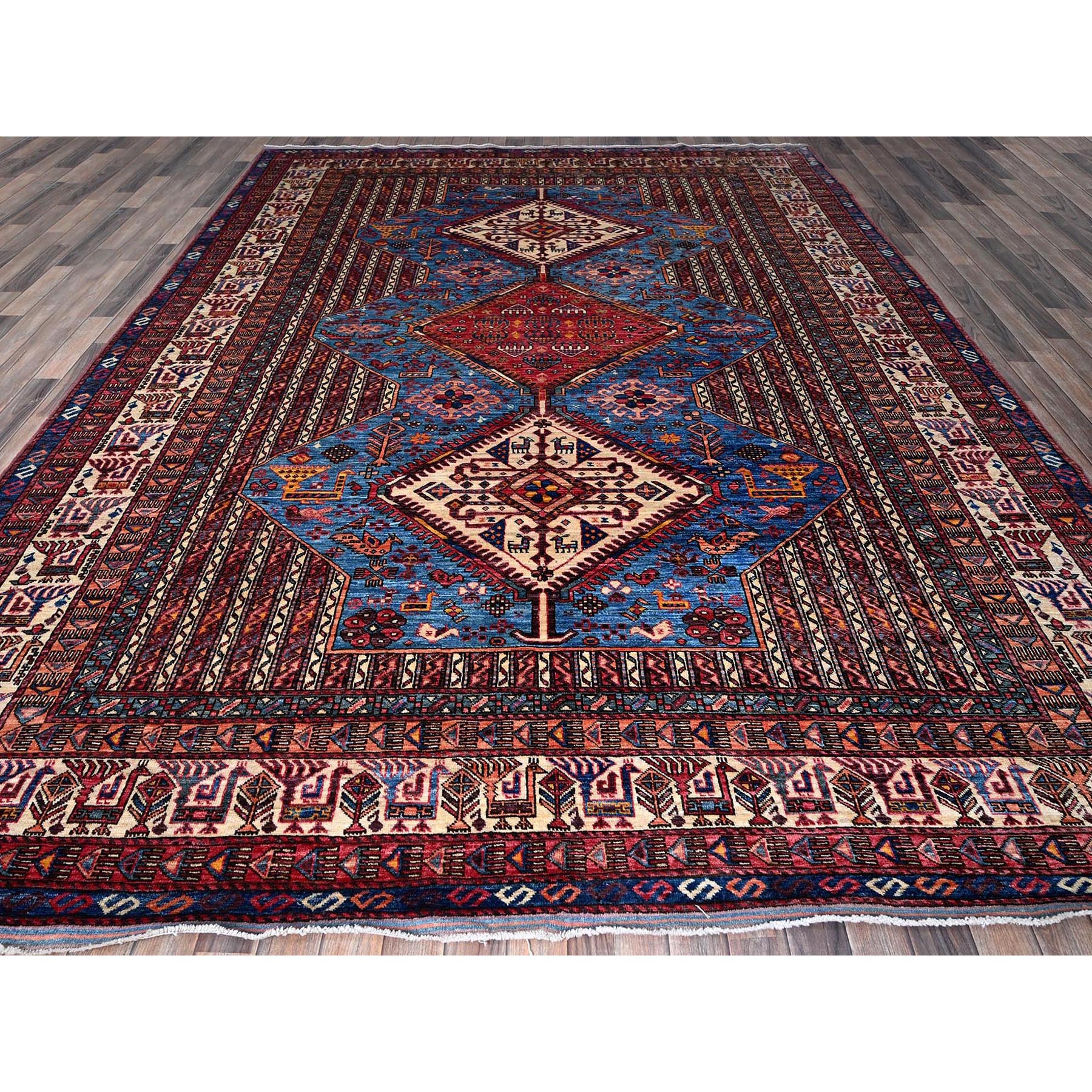 9'5"x12'1" Bayern Blue, Afghan Ersari with Turkish Knot, Caucasian Design Revival, Ancient Bird Figurines, Vegetable Dyes, Hand Knotted, 100% Wool, Oriental Rug Sh547