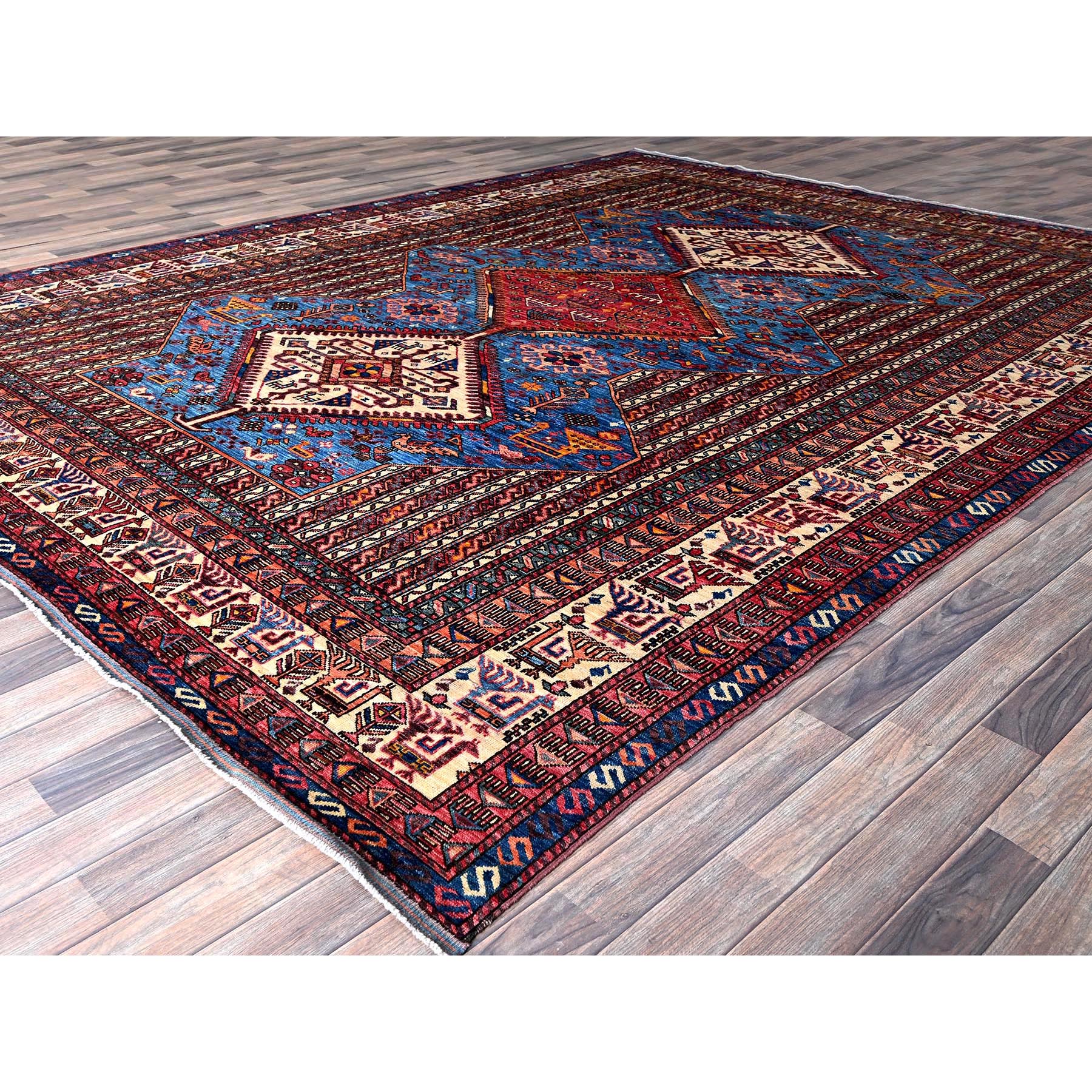 9'5"x12'1" Bayern Blue, Afghan Ersari with Turkish Knot, Caucasian Design Revival, Ancient Bird Figurines, Vegetable Dyes, Hand Knotted, 100% Wool, Oriental Rug Sh547