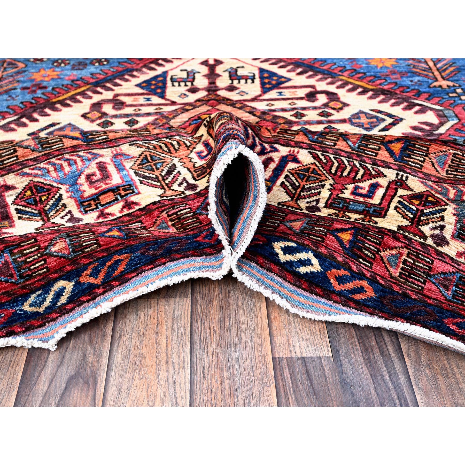 9'5"x12'1" Bayern Blue, Afghan Ersari with Turkish Knot, Caucasian Design Revival, Ancient Bird Figurines, Vegetable Dyes, Hand Knotted, 100% Wool, Oriental Rug Sh547