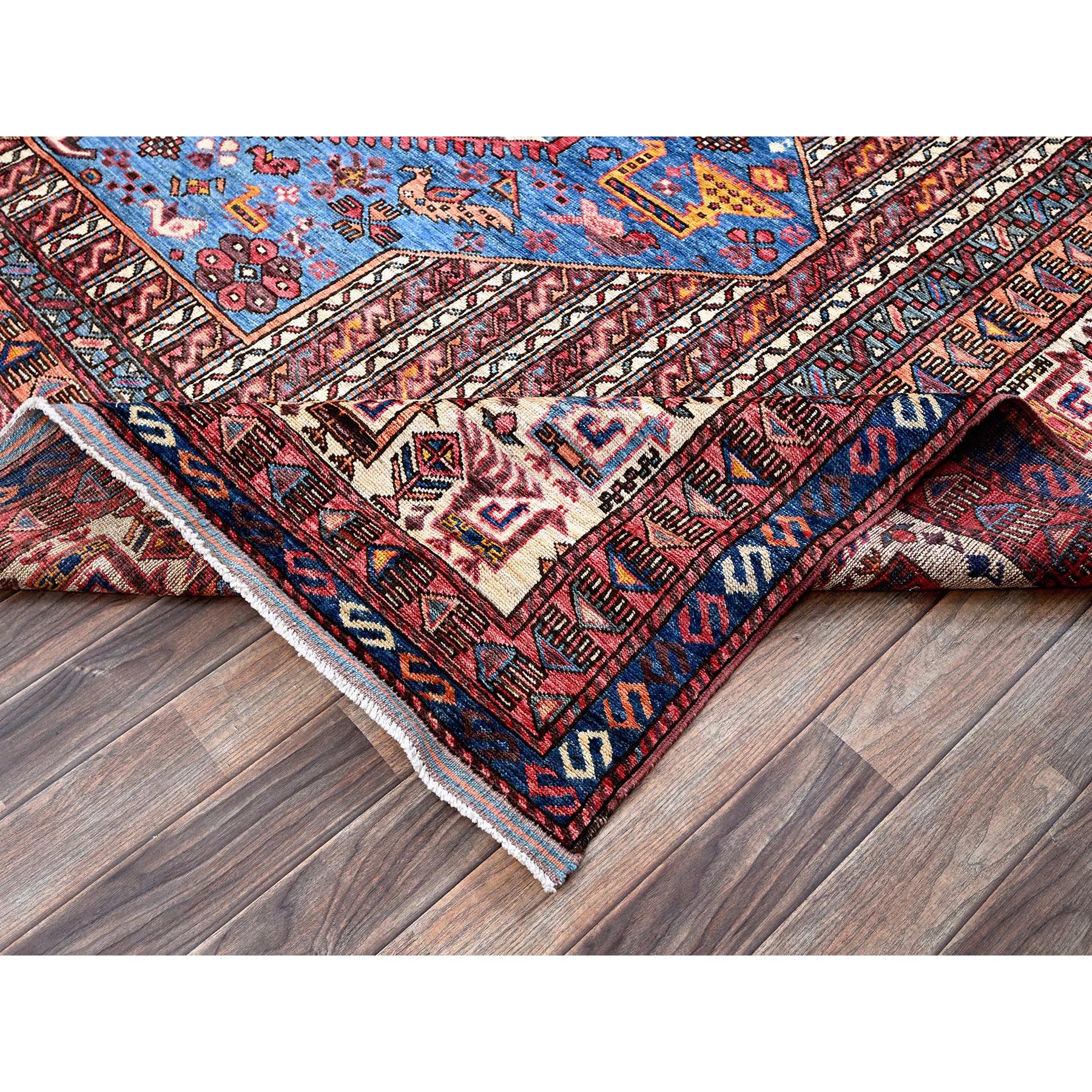 9'5"x12'1" Bayern Blue, Afghan Ersari with Turkish Knot, Caucasian Design Revival, Ancient Bird Figurines, Vegetable Dyes, Hand Knotted, 100% Wool, Oriental Rug Sh547