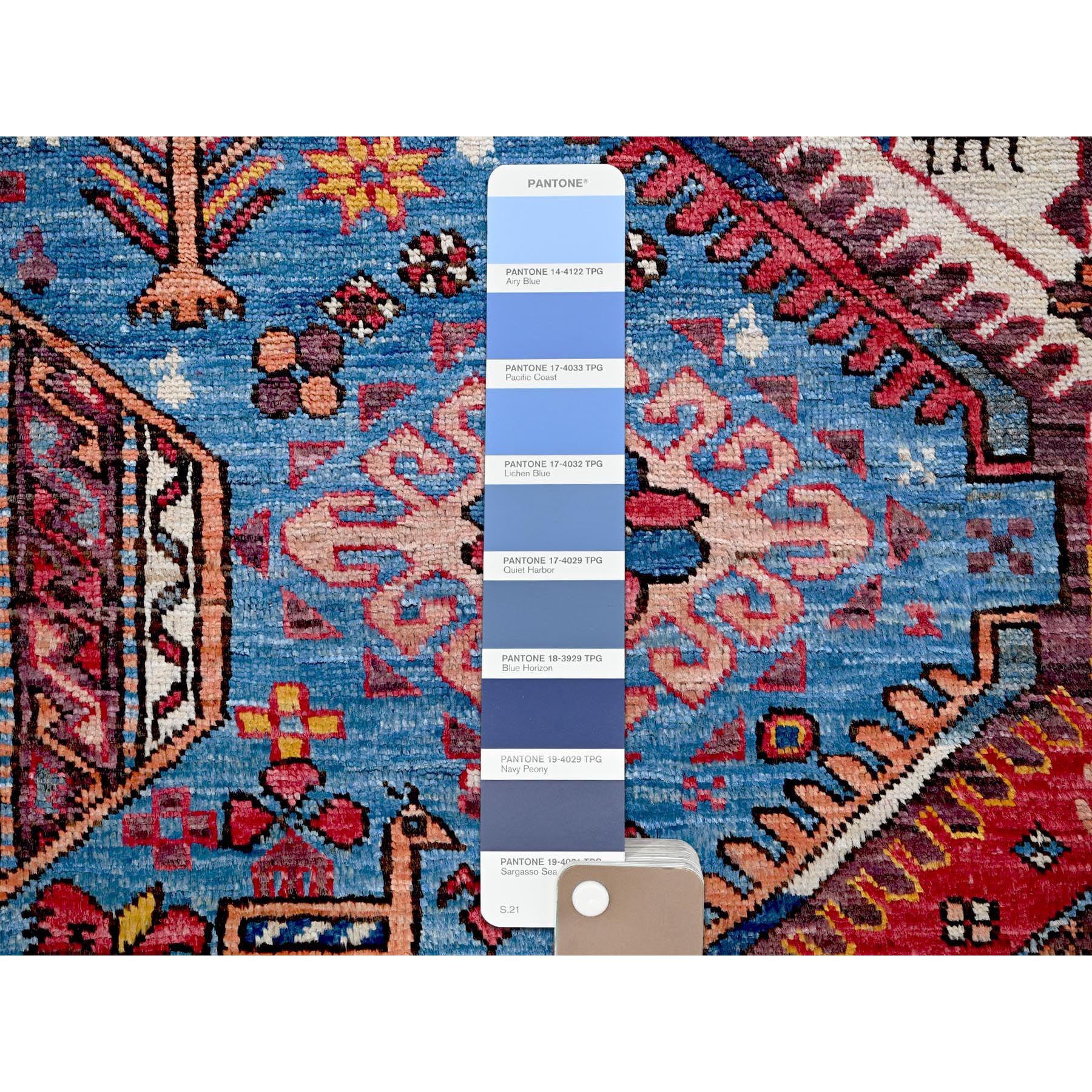 9'5"x12'1" Bayern Blue, Afghan Ersari with Turkish Knot, Caucasian Design Revival, Ancient Bird Figurines, Vegetable Dyes, Hand Knotted, 100% Wool, Oriental Rug Sh547