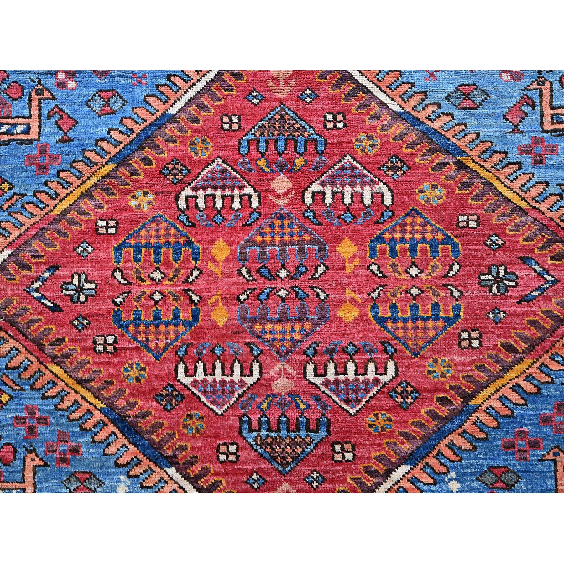 9'5"x12'1" Bayern Blue, Afghan Ersari with Turkish Knot, Caucasian Design Revival, Ancient Bird Figurines, Vegetable Dyes, Hand Knotted, 100% Wool, Oriental Rug Sh547