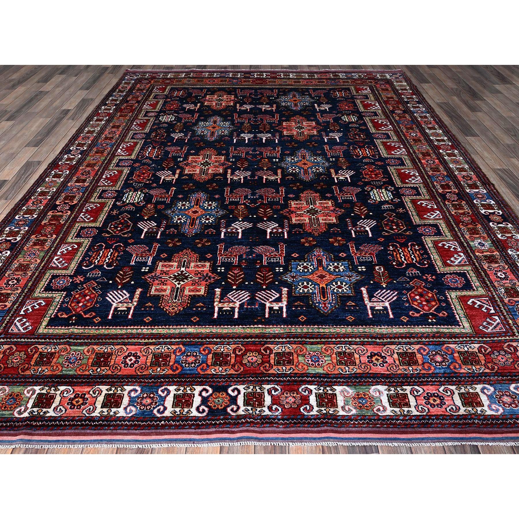 8'2"x10'5" Navy Blue, Afghan Ersari with Turkish Knot, Caucasian Design Revival, Ancient Bird Figurines, Vegetable Dyes, Hand Knotted, 100% Wool, Oriental Rug Sh548