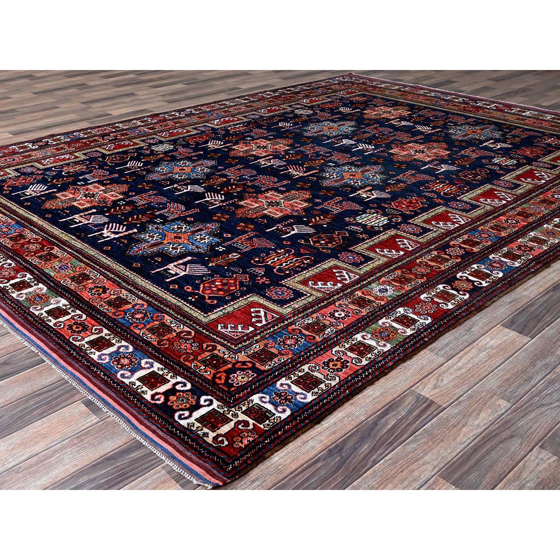 8'2"x10'5" Navy Blue, Afghan Ersari with Turkish Knot, Caucasian Design Revival, Ancient Bird Figurines, Vegetable Dyes, Hand Knotted, 100% Wool, Oriental Rug Sh548
