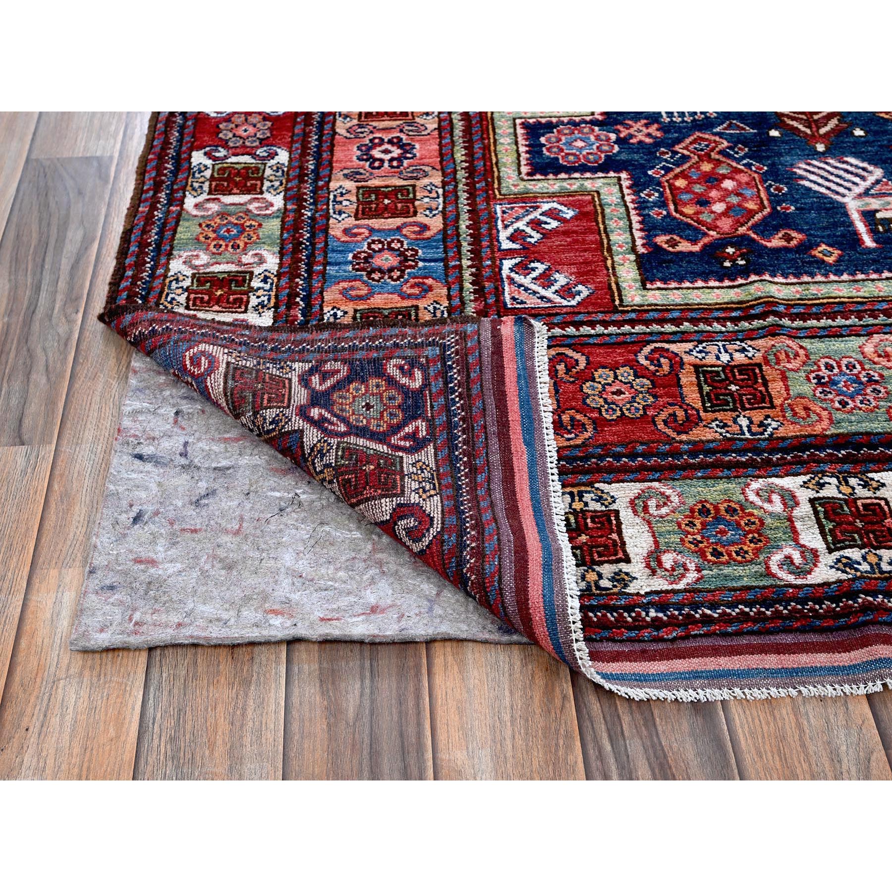 8'2"x10'5" Navy Blue, Afghan Ersari with Turkish Knot, Caucasian Design Revival, Ancient Bird Figurines, Vegetable Dyes, Hand Knotted, 100% Wool, Oriental Rug Sh548