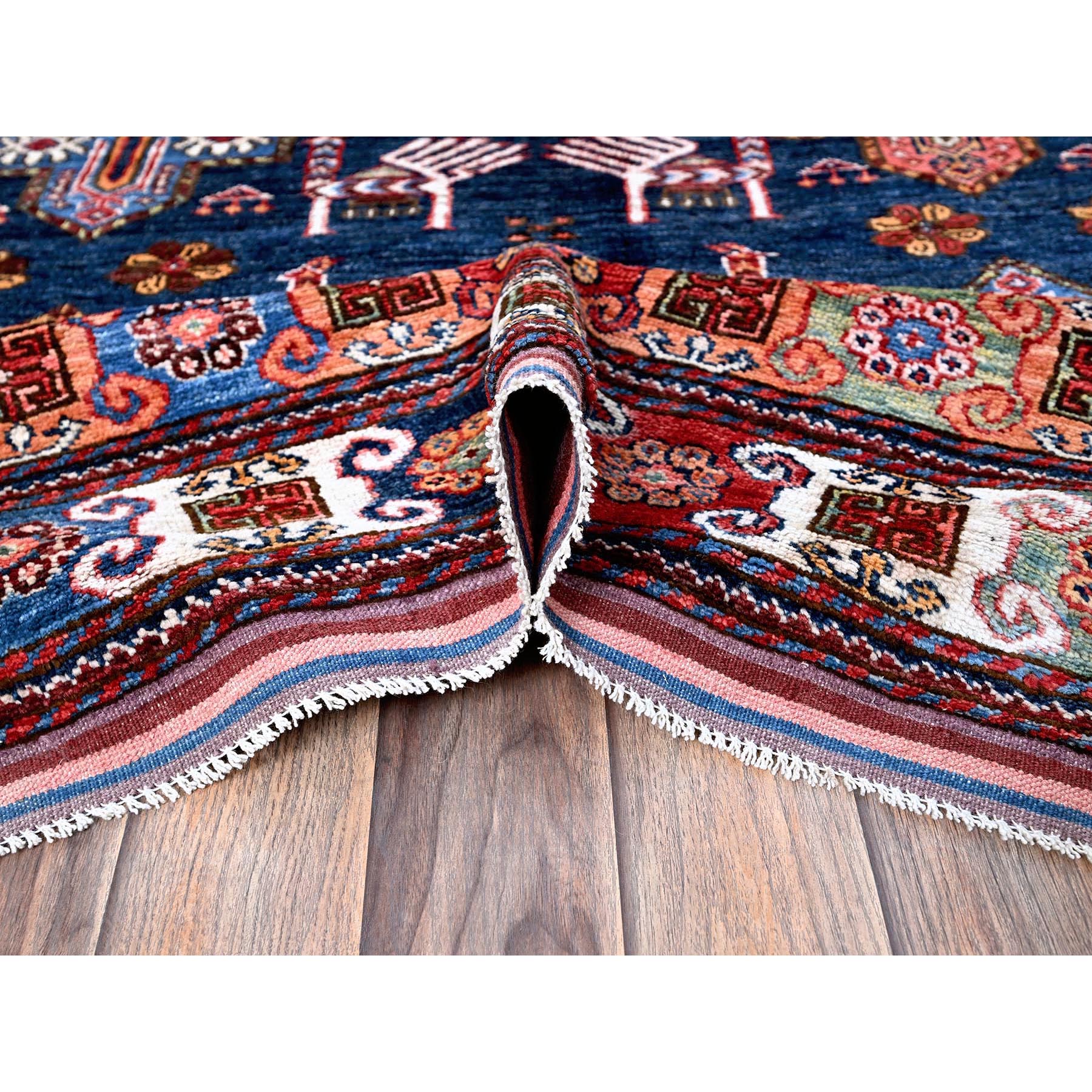 8'2"x10'5" Navy Blue, Afghan Ersari with Turkish Knot, Caucasian Design Revival, Ancient Bird Figurines, Vegetable Dyes, Hand Knotted, 100% Wool, Oriental Rug Sh548