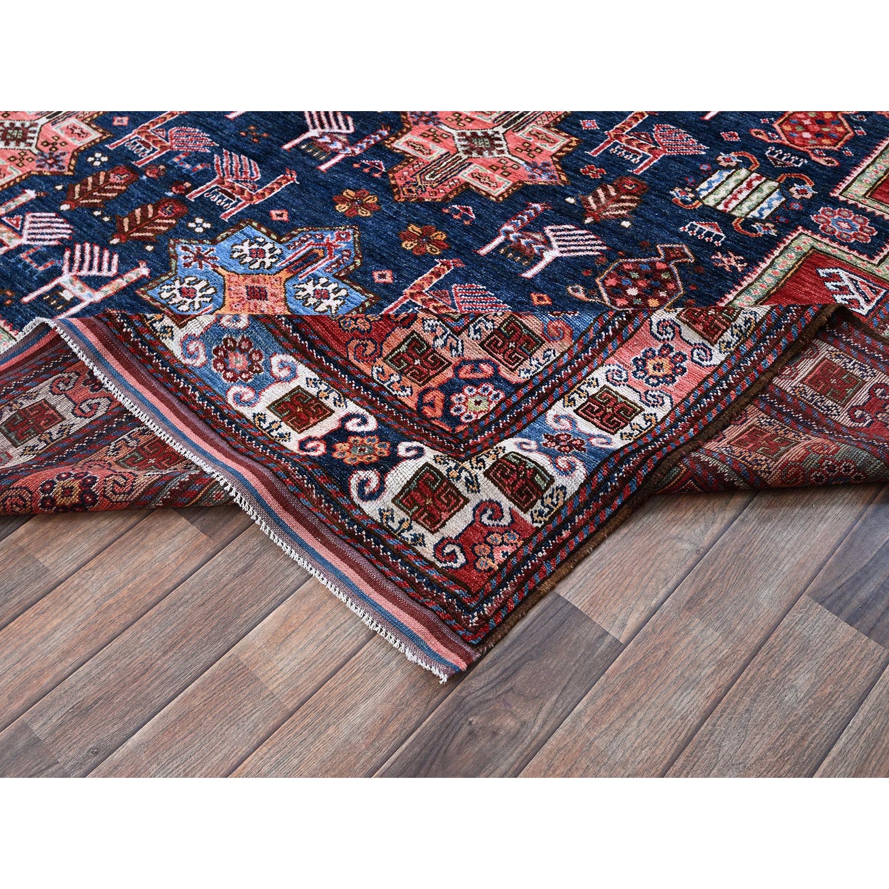 8'2"x10'5" Navy Blue, Afghan Ersari with Turkish Knot, Caucasian Design Revival, Ancient Bird Figurines, Vegetable Dyes, Hand Knotted, 100% Wool, Oriental Rug Sh548