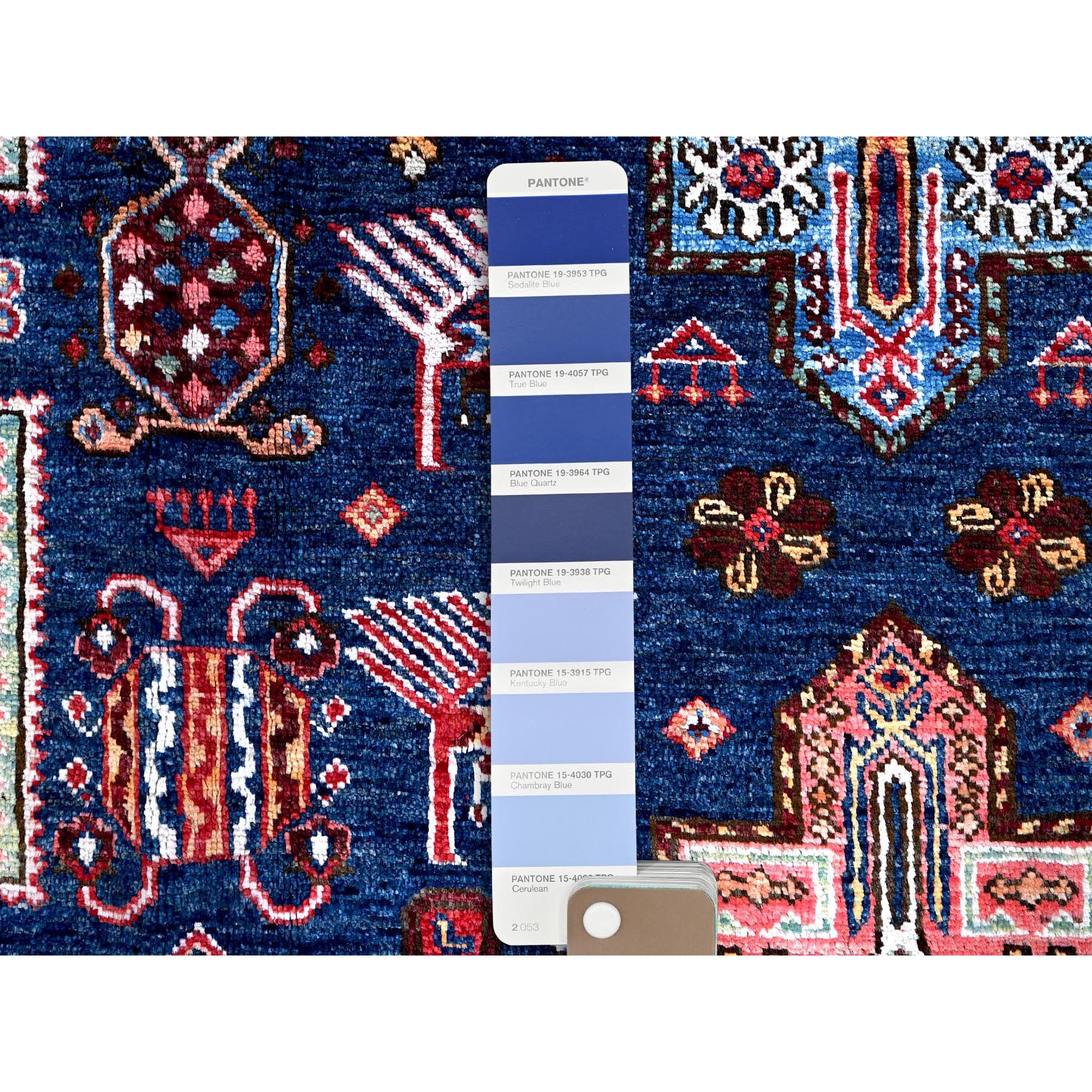 8'2"x10'5" Navy Blue, Afghan Ersari with Turkish Knot, Caucasian Design Revival, Ancient Bird Figurines, Vegetable Dyes, Hand Knotted, 100% Wool, Oriental Rug Sh548