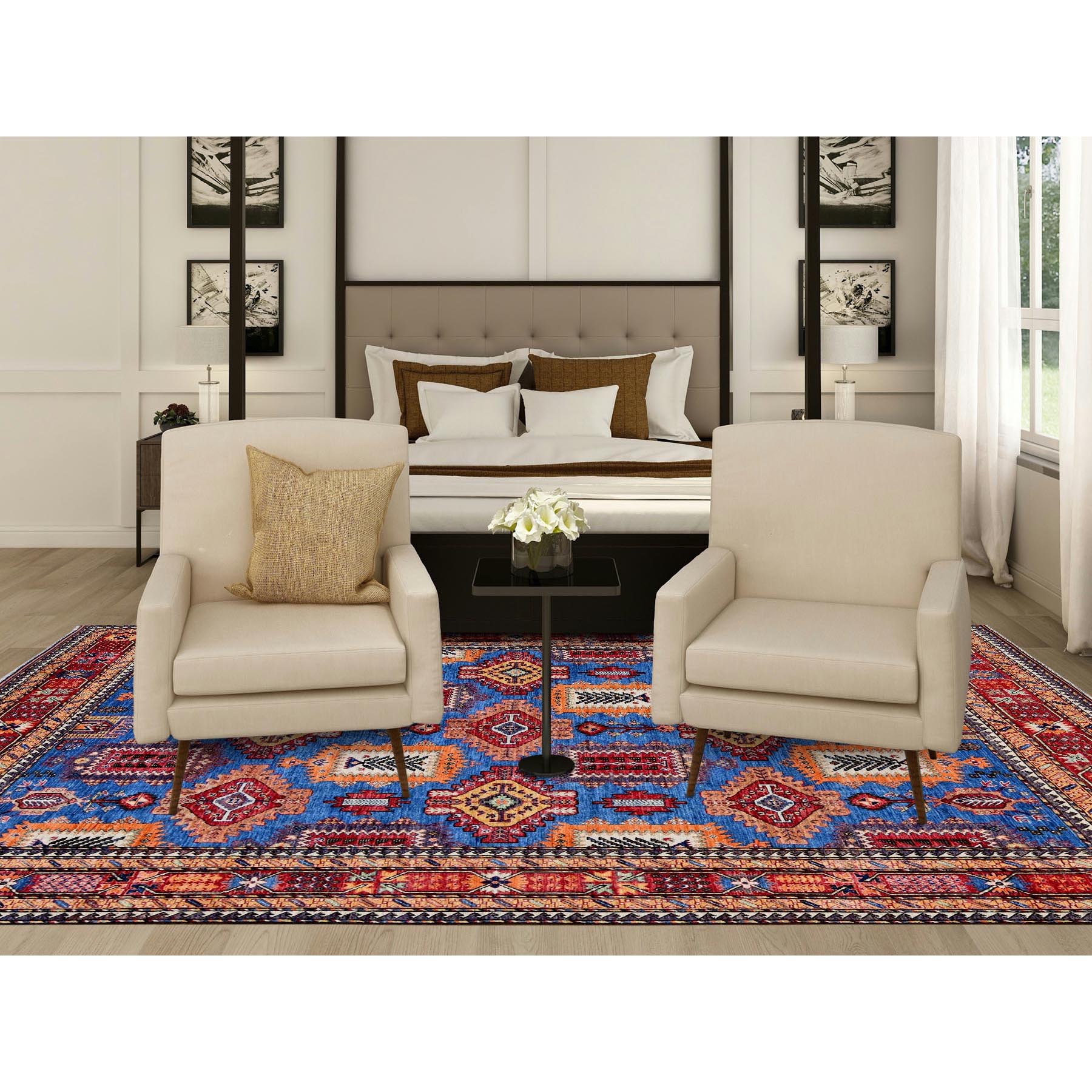 8'2"x9'9" Carolina Blue, Afghan Ersari with Turkish Knot, Caucasian Design Revival, Vegetable Dyes, Hand Knotted, Pure Wool, Oriental Rug Sh549