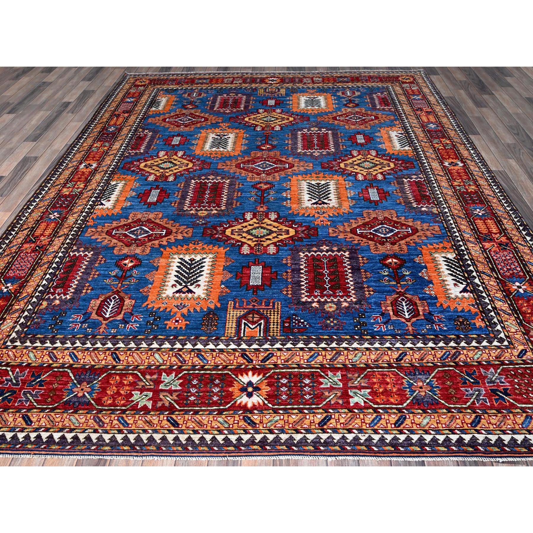8'2"x9'9" Carolina Blue, Afghan Ersari with Turkish Knot, Caucasian Design Revival, Vegetable Dyes, Hand Knotted, Pure Wool, Oriental Rug Sh549