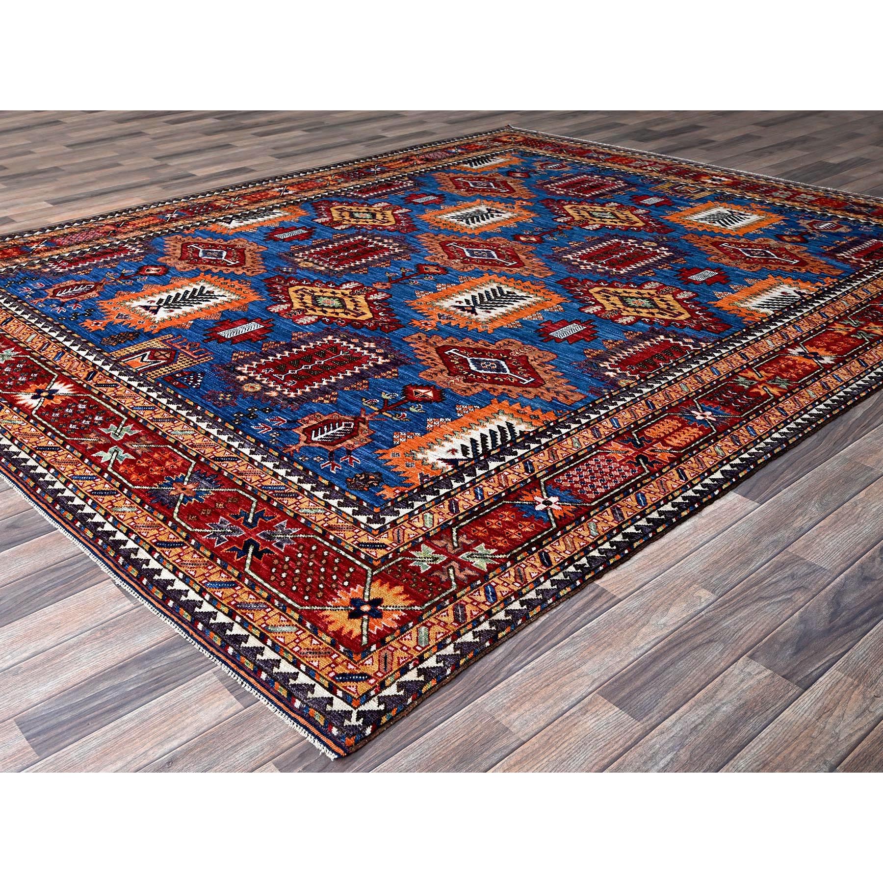 8'2"x9'9" Carolina Blue, Afghan Ersari with Turkish Knot, Caucasian Design Revival, Vegetable Dyes, Hand Knotted, Pure Wool, Oriental Rug Sh549
