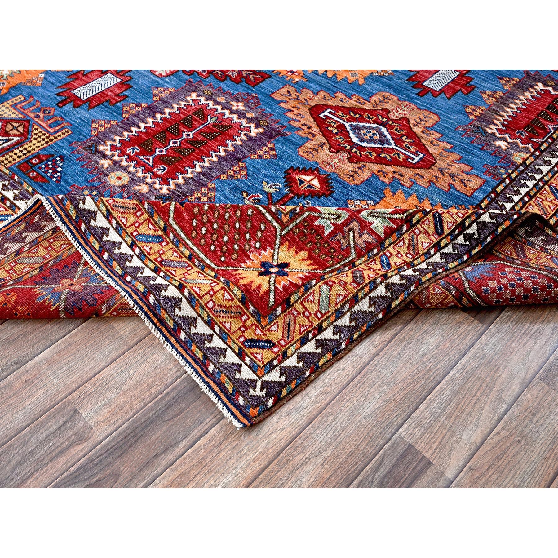 8'2"x9'9" Carolina Blue, Afghan Ersari with Turkish Knot, Caucasian Design Revival, Vegetable Dyes, Hand Knotted, Pure Wool, Oriental Rug Sh549