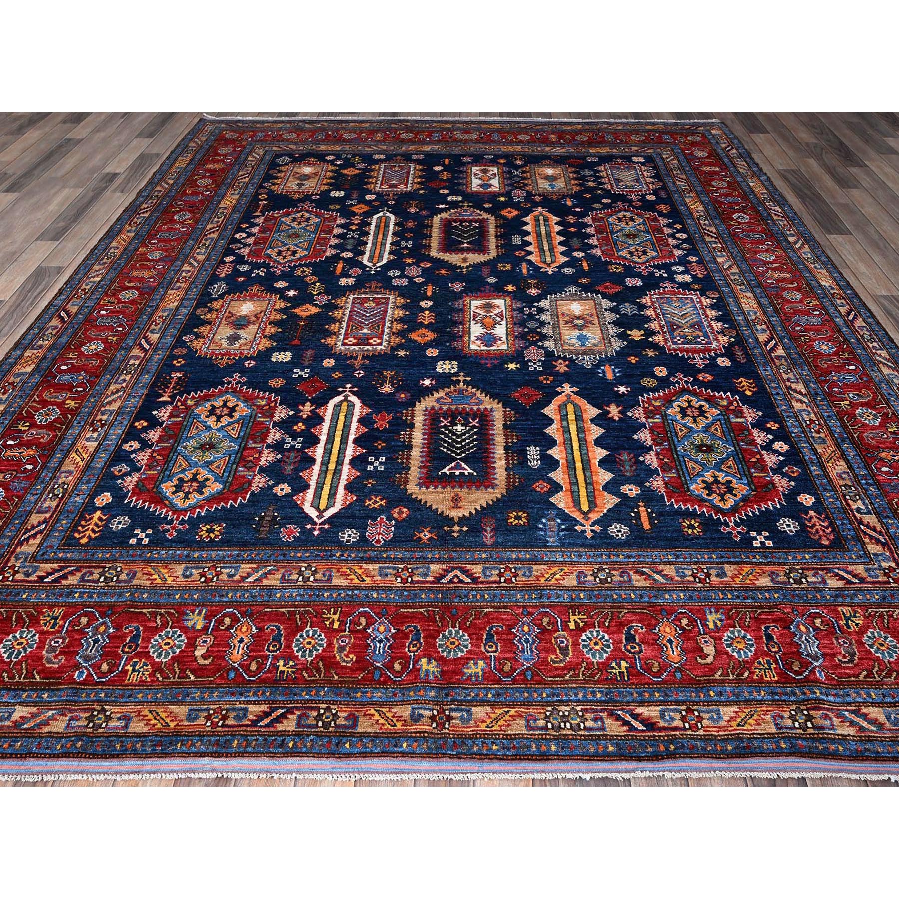 8'3"x9'10" Yale Blue, Afghan Ersari with Turkish Knot, Caucasian Design Revival, Vegetable Dyes, Hand Knotted, 100% Wool, Oriental Rug Sh550
