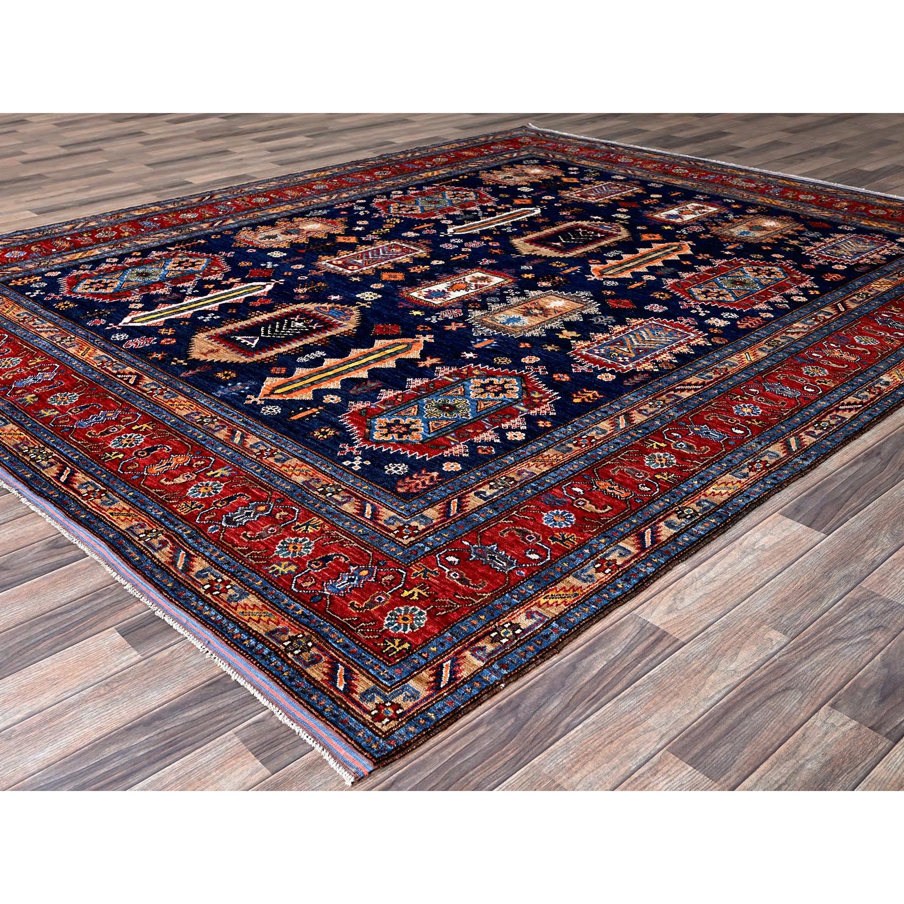 8'3"x9'10" Yale Blue, Afghan Ersari with Turkish Knot, Caucasian Design Revival, Vegetable Dyes, Hand Knotted, 100% Wool, Oriental Rug Sh550