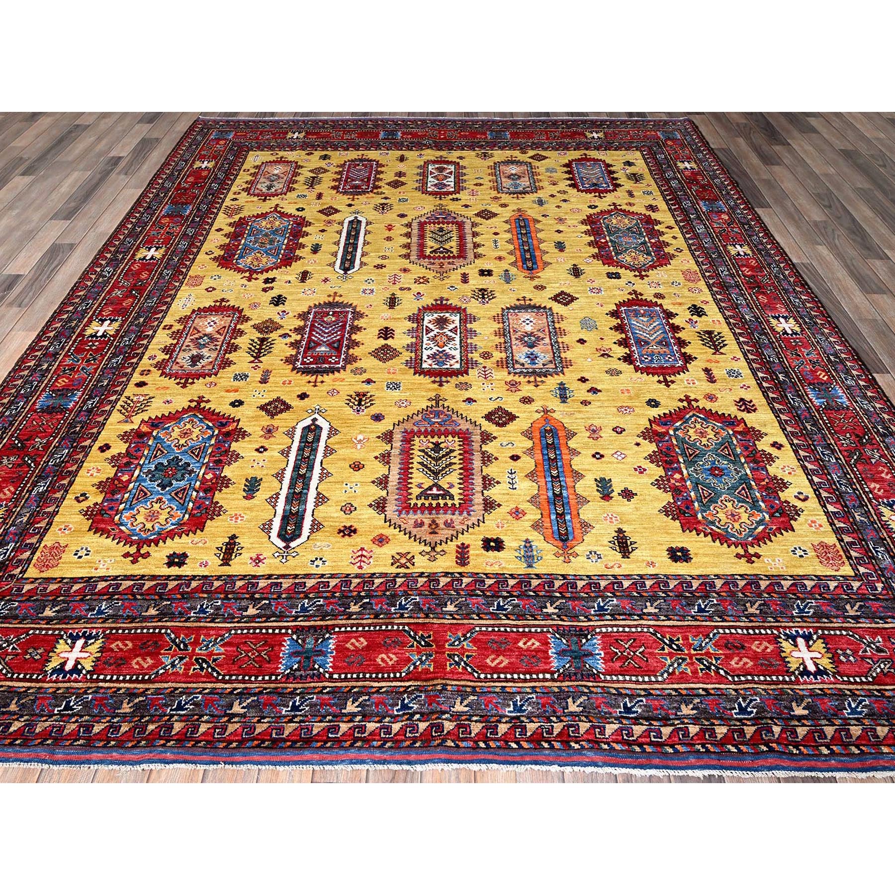 8'3"x9'8" Macaroon Yellow, Afghan Ersari with Turkish Knot, Caucasian Design Revival, Vegetable Dyes, Hand Knotted, Soft and Shiny Wool, Oriental Rug Sh551