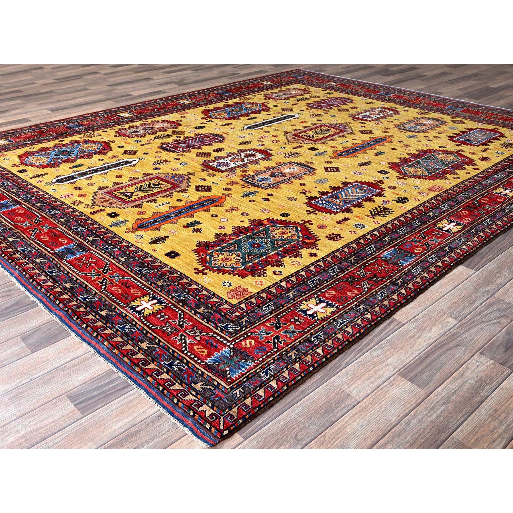 8'3"x9'8" Macaroon Yellow, Afghan Ersari with Turkish Knot, Caucasian Design Revival, Vegetable Dyes, Hand Knotted, Soft and Shiny Wool, Oriental Rug Sh551