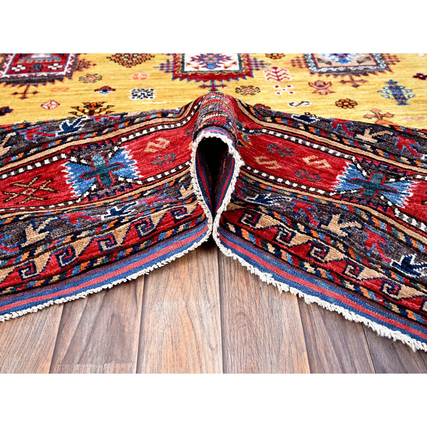 8'3"x9'8" Macaroon Yellow, Afghan Ersari with Turkish Knot, Caucasian Design Revival, Vegetable Dyes, Hand Knotted, Soft and Shiny Wool, Oriental Rug Sh551