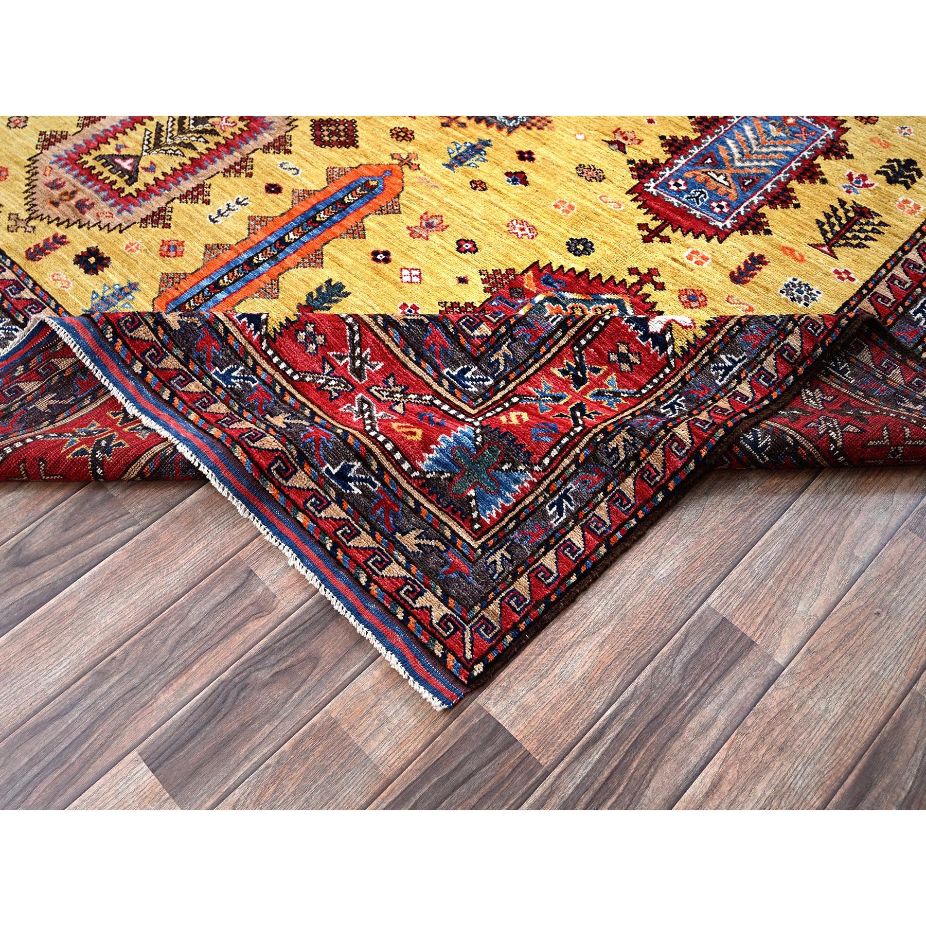 8'3"x9'8" Macaroon Yellow, Afghan Ersari with Turkish Knot, Caucasian Design Revival, Vegetable Dyes, Hand Knotted, Soft and Shiny Wool, Oriental Rug Sh551