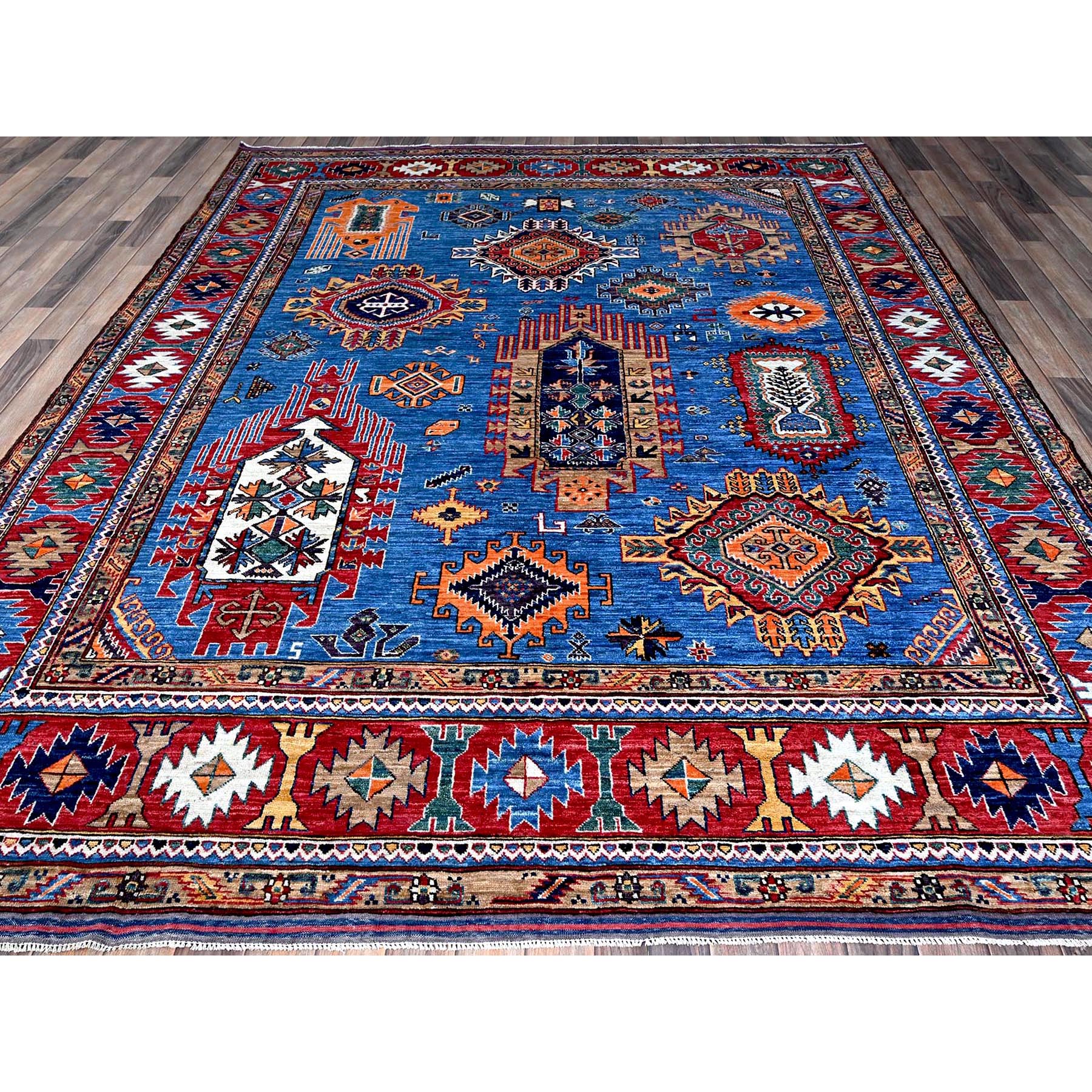 8'1"x9'10" Bayern Blue, Afghan Ersari with Turkish Knot, Caucasian Design Revival, Vegetable Dyes, Hand Knotted, 100% Wool, Oriental Rug Sh552