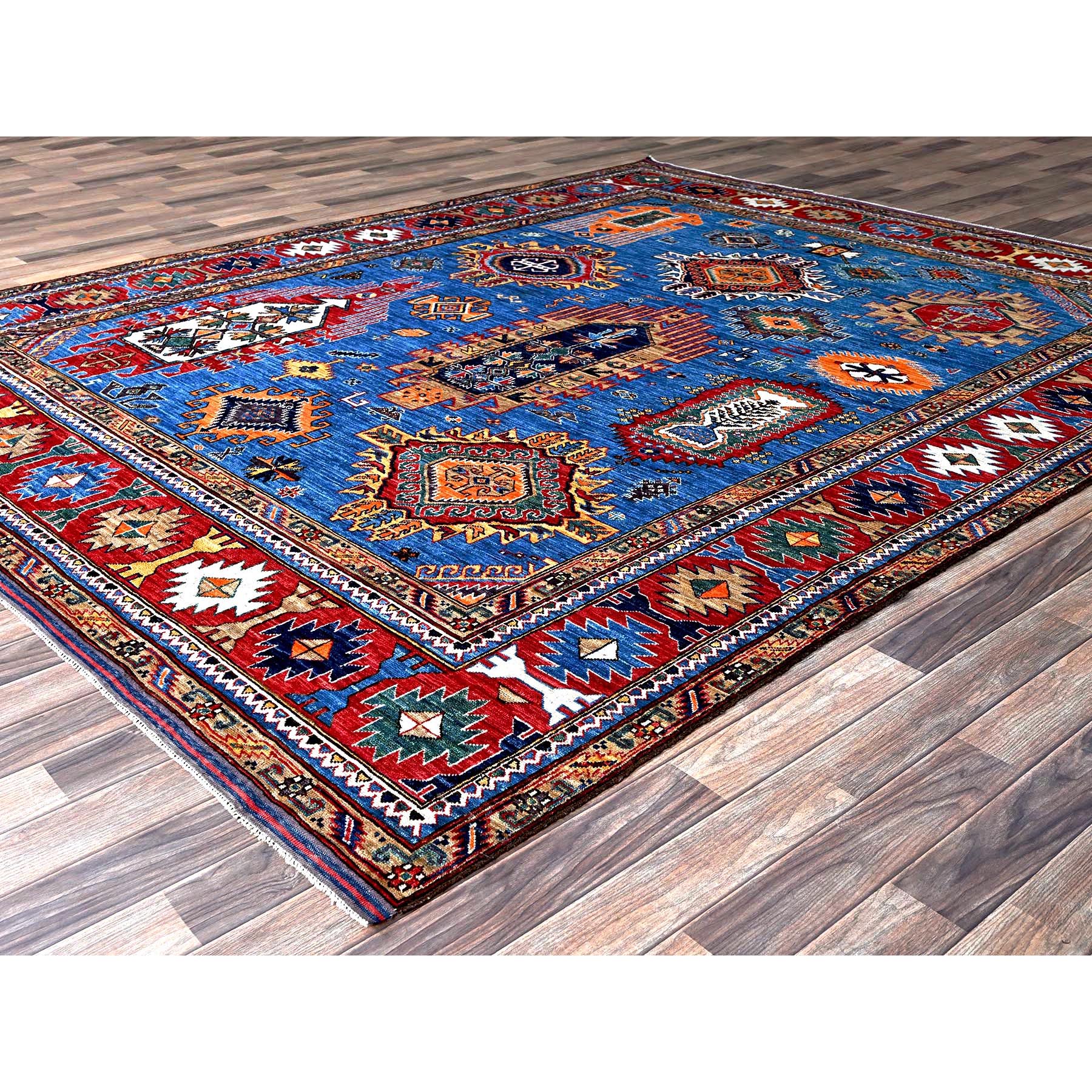 8'1"x9'10" Bayern Blue, Afghan Ersari with Turkish Knot, Caucasian Design Revival, Vegetable Dyes, Hand Knotted, 100% Wool, Oriental Rug Sh552