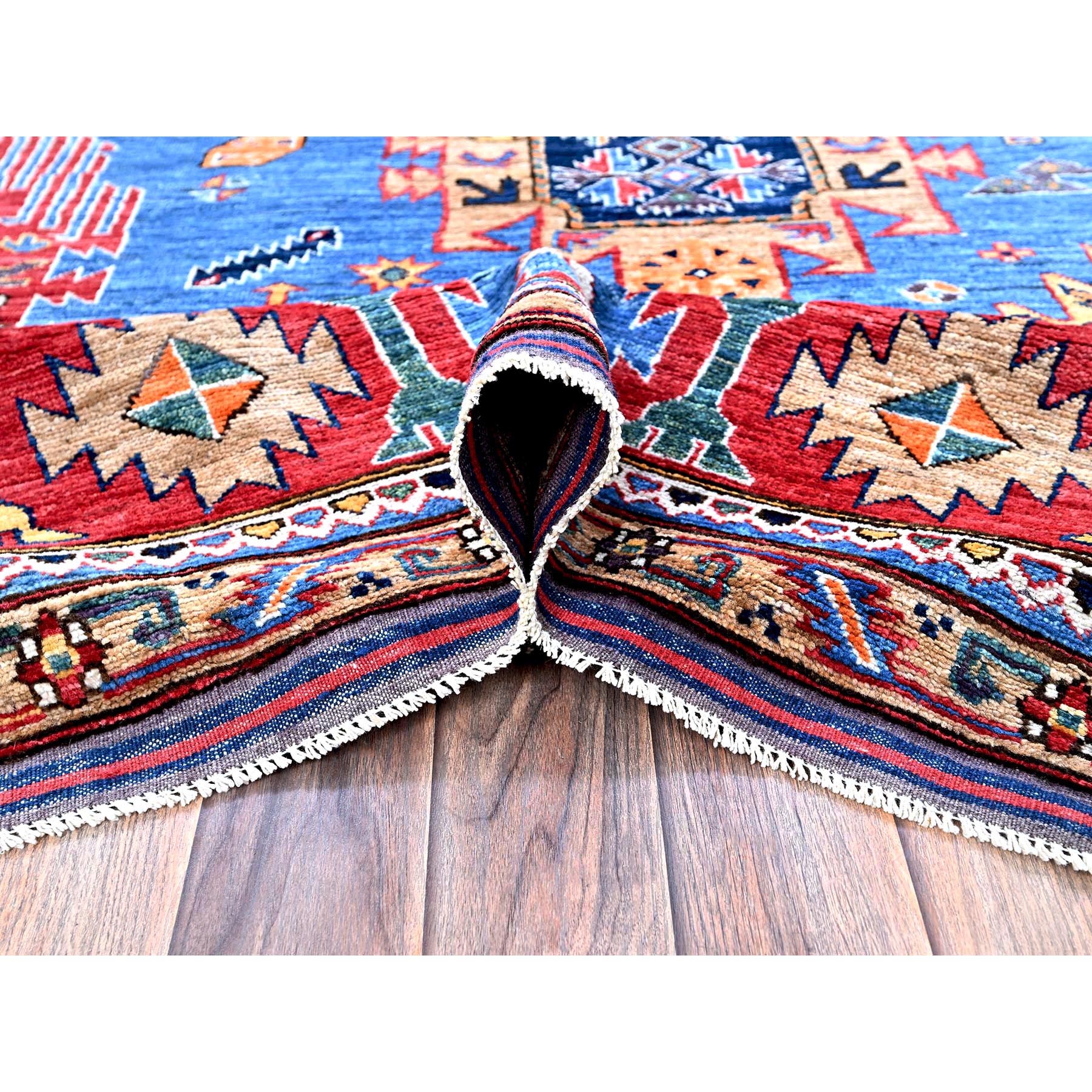 8'1"x9'10" Bayern Blue, Afghan Ersari with Turkish Knot, Caucasian Design Revival, Vegetable Dyes, Hand Knotted, 100% Wool, Oriental Rug Sh552
