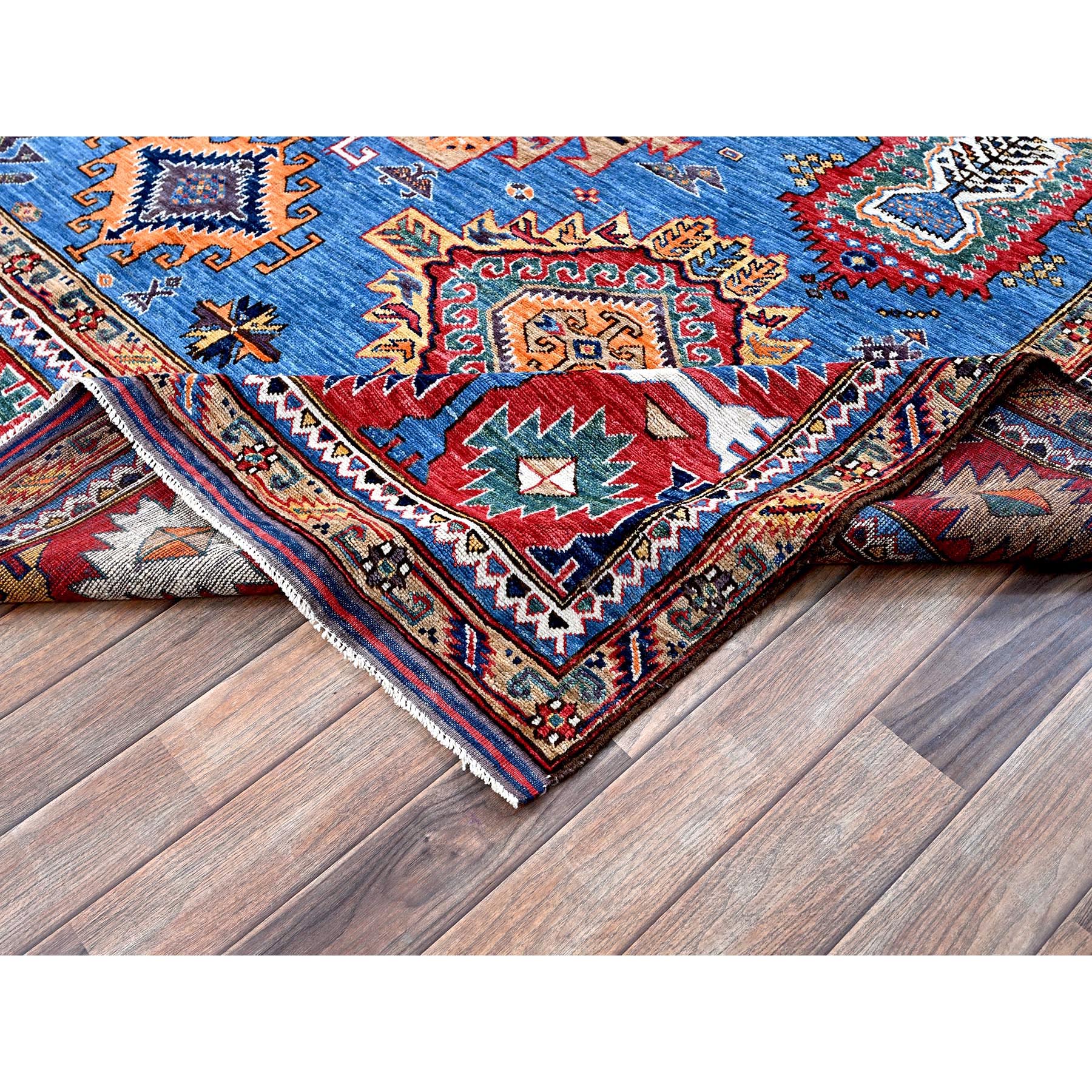 8'1"x9'10" Bayern Blue, Afghan Ersari with Turkish Knot, Caucasian Design Revival, Vegetable Dyes, Hand Knotted, 100% Wool, Oriental Rug Sh552