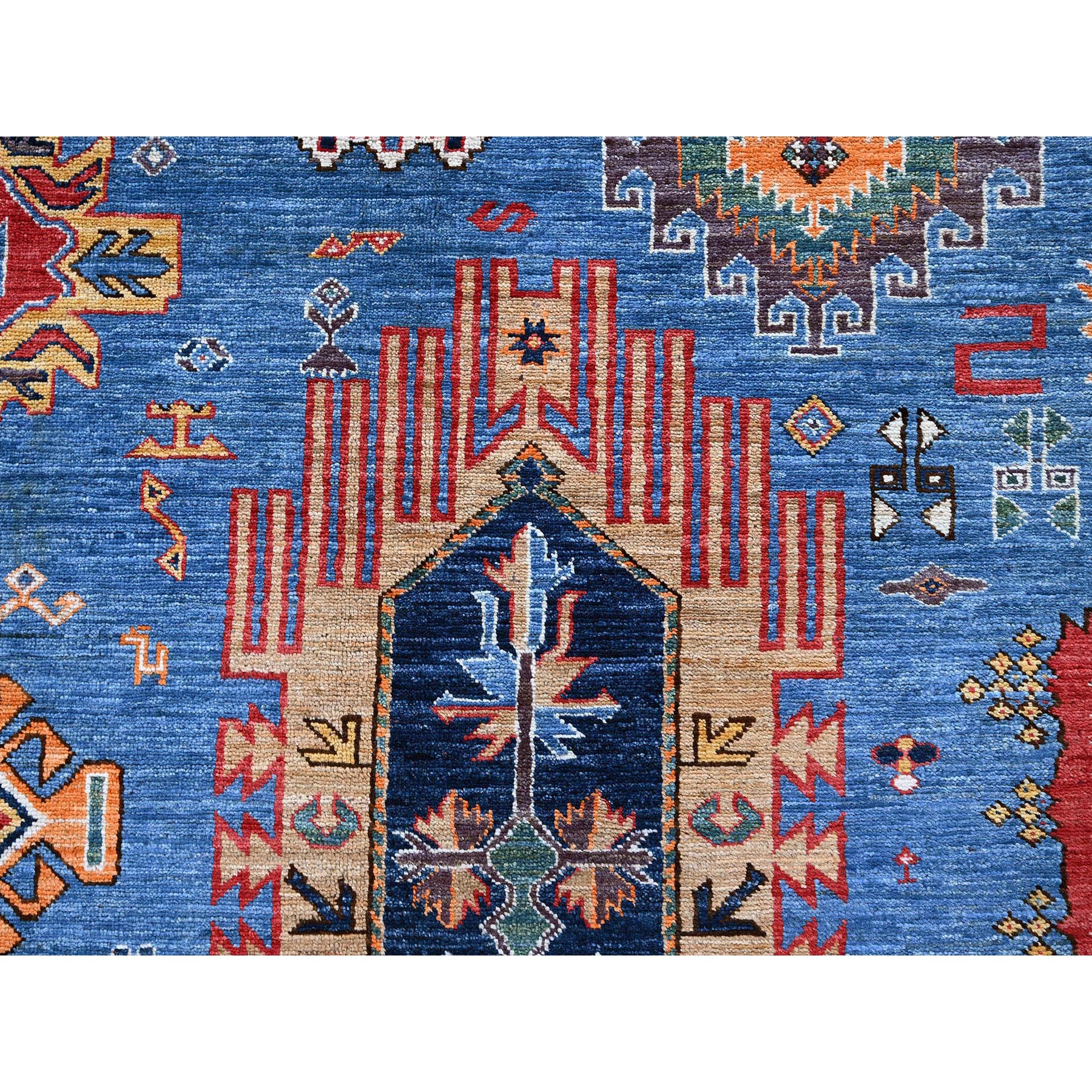 8'1"x9'10" Bayern Blue, Afghan Ersari with Turkish Knot, Caucasian Design Revival, Vegetable Dyes, Hand Knotted, 100% Wool, Oriental Rug Sh552