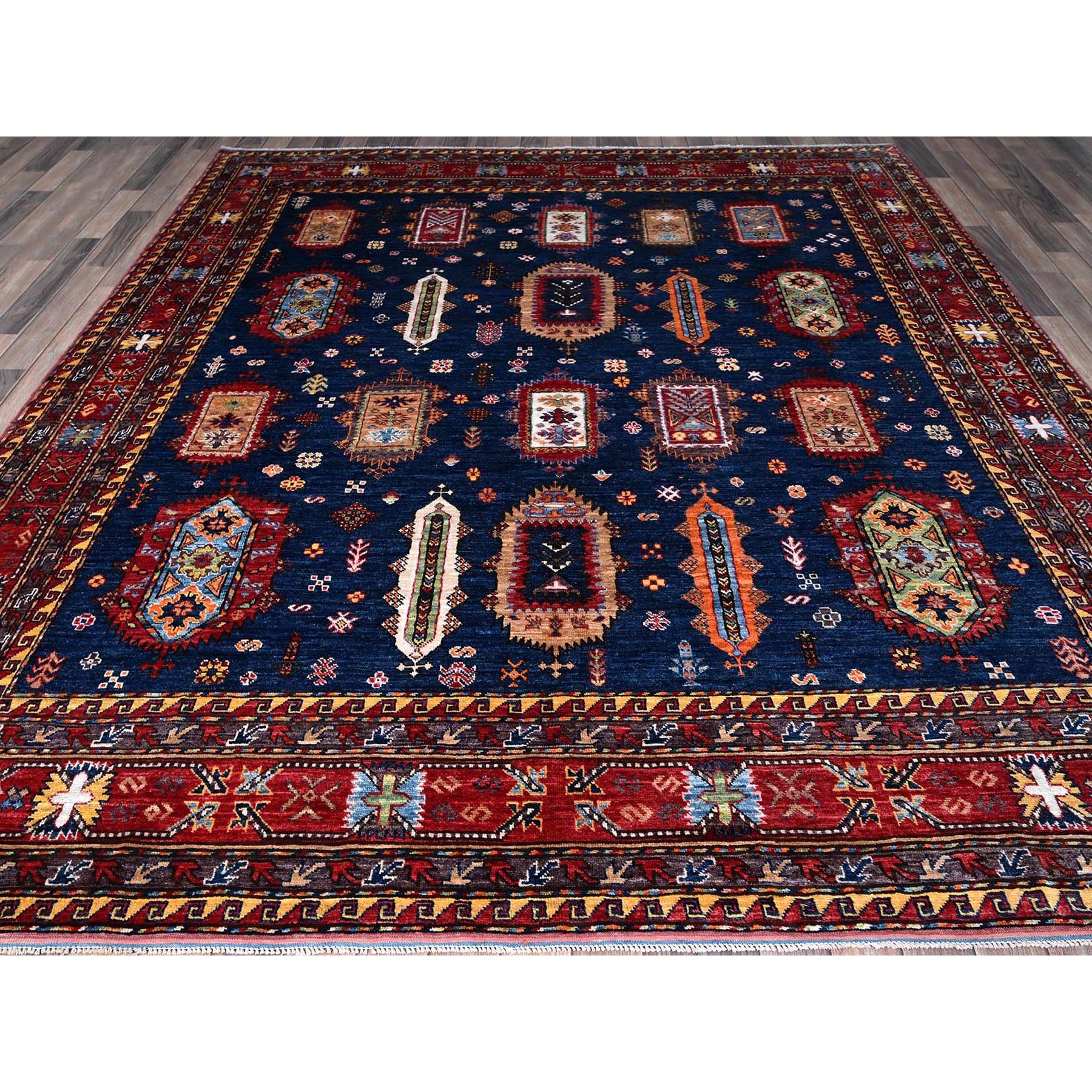 8'5"x9'8" Yale Blue, Afghan Ersari with Turkish Knot, Caucasian Design Revival, Vegetable Dyes, Hand Knotted, Velvety Wool, Oriental Rug Sh553