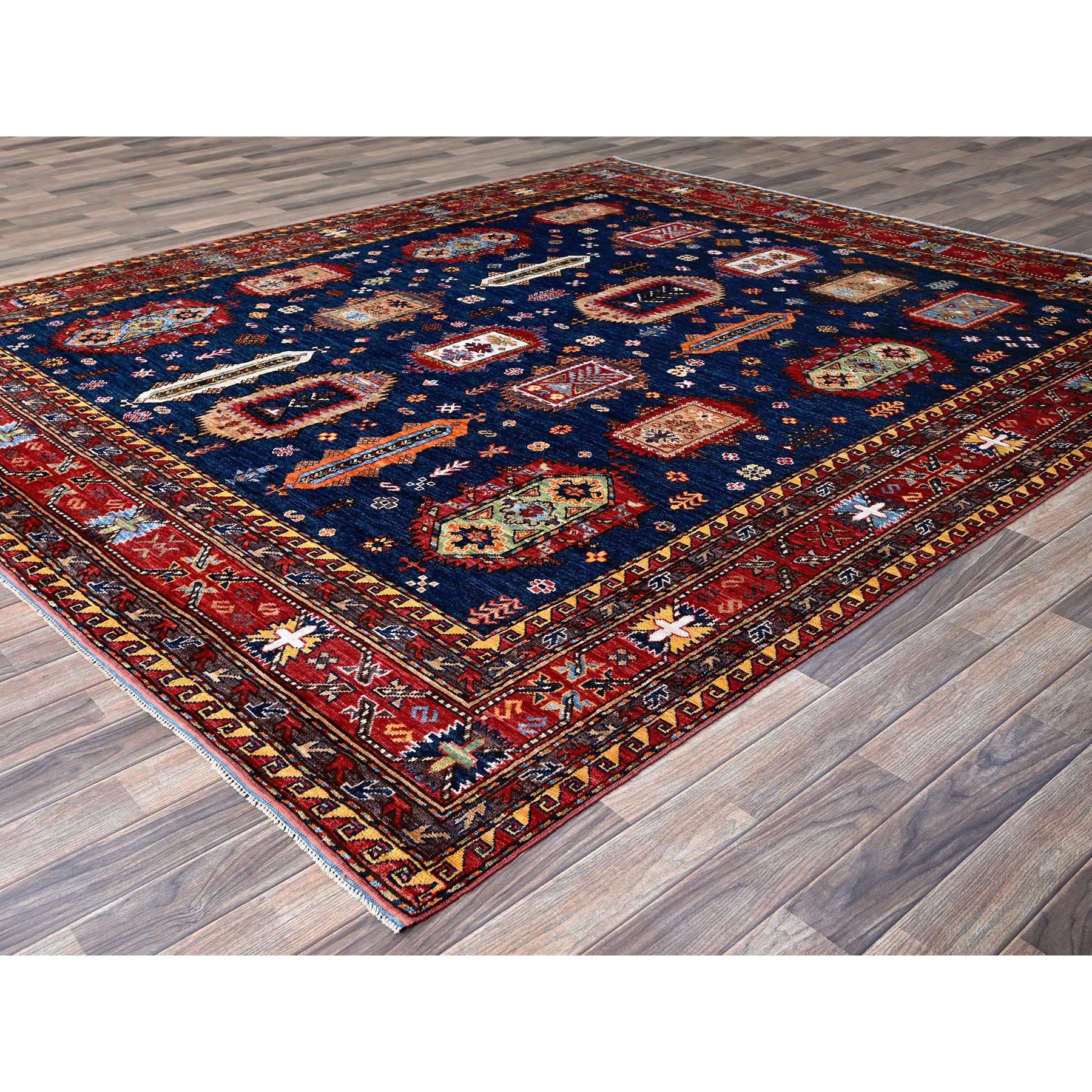 8'5"x9'8" Yale Blue, Afghan Ersari with Turkish Knot, Caucasian Design Revival, Vegetable Dyes, Hand Knotted, Velvety Wool, Oriental Rug Sh553
